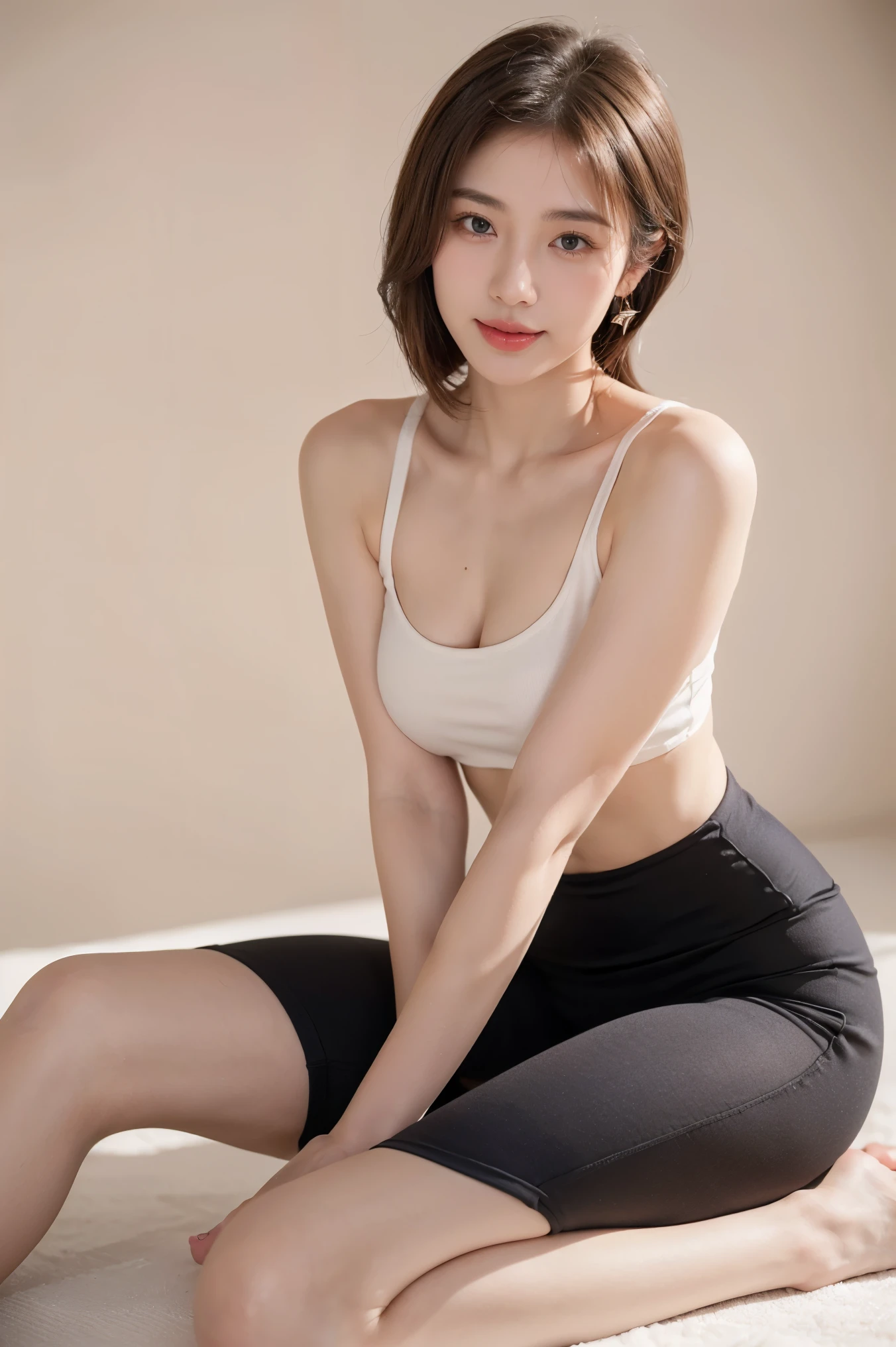 Mature around 35 years old，a little fat，Full and straight chest，nice and gentle，Wearing a pink transparent tight yoga skirt，background:black wall，Focus on hand enhancement，facial enhancement，Smiling sideways to camera，You can see the legs，8K master works