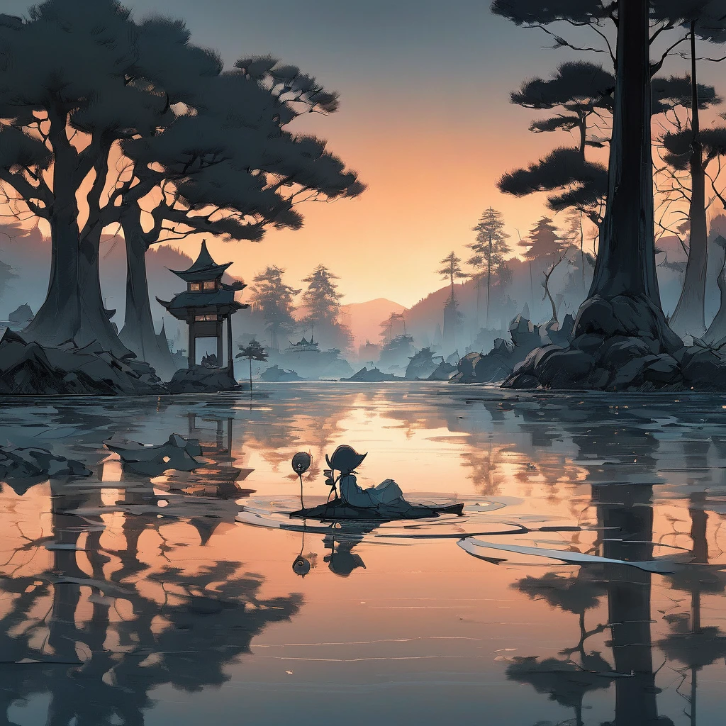 aesthetic, extremely detailed, color photo of,Wu Guanzhong's style, monochromatic simplicity, bold brush strokes, fusion of Eastern and Western art principles, abstract natural elements, structured yet fluid forms,twilight ambience, serene lake, willow trees swaying, distant mountains shrouded in mist, fading daylight, subtle reflections on water,tranquil, contemplative, harmonious, subtle interplay of light and shadow, ethereal quietude,Nikon D850, Kodak Portra 400, 50mm prime lens, shallow depth of field, low ISO, manual exposure, long exposure technique,Wu Guanzhong, Tim Burton, Christopher Doyle, Annie Leibovitz, Vivienne Westwood