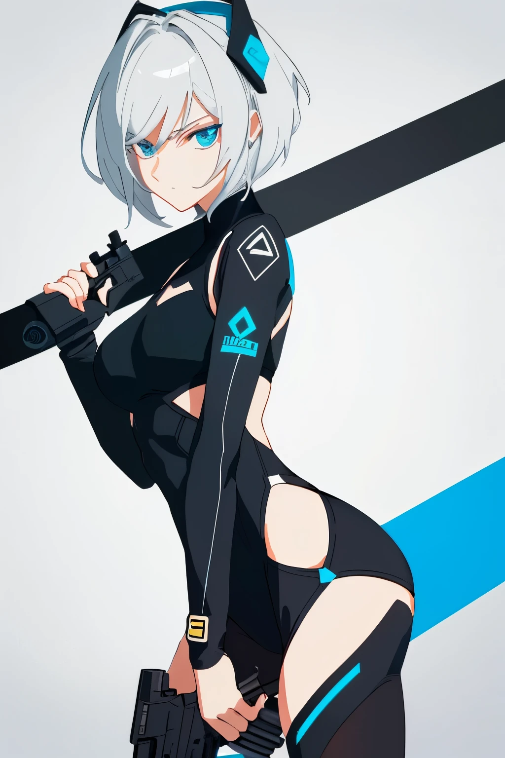 A vector art masterpiece of a girl holding a gun in a sectorial, minimalist style with just a few strokes and colors. The girl's body is lean and toned, her hair is short and sleek, and her eyes are focused intently on the viewer. The gun she holds is simple in design, with clean lines and geometric shapes. The colors used are primarily black and white, with subtle gray shading to add depth and dimension. The art is intricately detailed yet uncluttered, making for a striking and effective image. (best quality, ultra-detailed vector art)