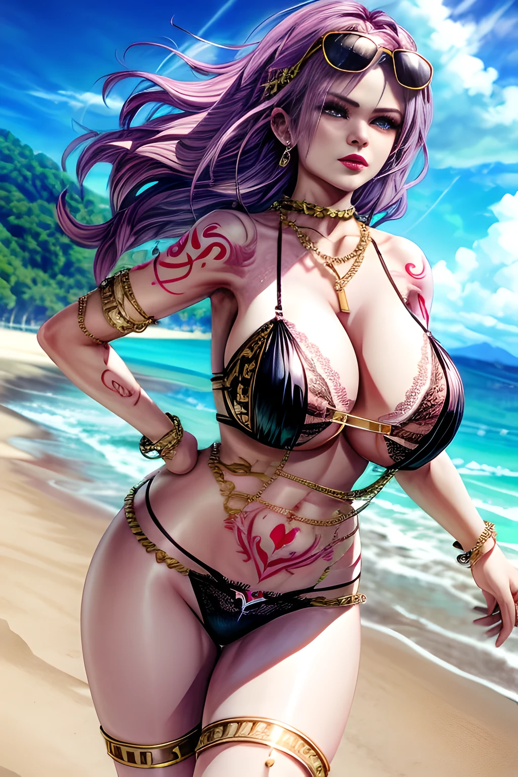 1 girl,Wear luxurious underwear,(Lace lingerie),(Body chain:1.5), sunglasses,on the beach,outdoor,elegant,skin shiny,( huge breasts),split, red lips,( tattoo:1.5), masterpiece, best quality, actual , 8k,Portrait Art,alone, Alice,
