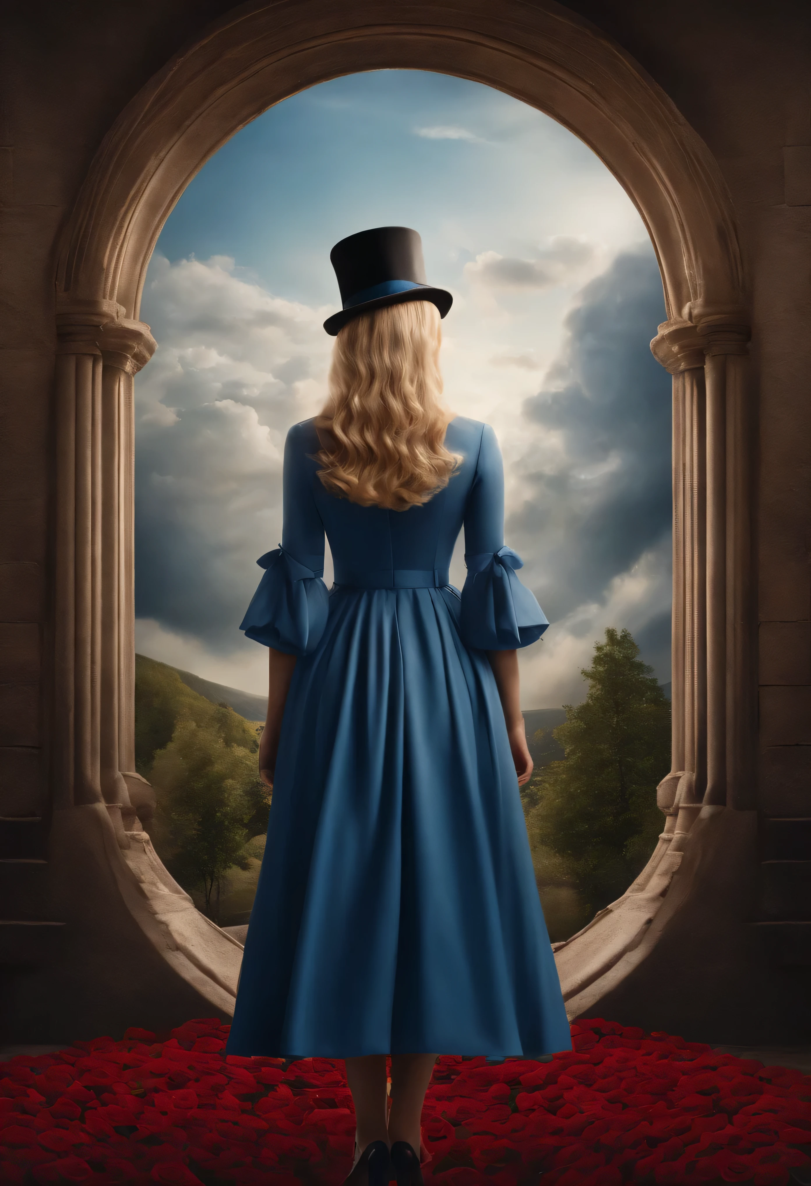 Imagine the scene of a 9-year-old blonde girl, seen from behind, wearing a blue dress with a white ribbon at the waist, standing in front of a huge wall with a keyhole-shaped passage to a fantastical world, featuring nature, trees, and elements such as red roses, a playing card, a clock, and a top hat. Ultra-realistic quality