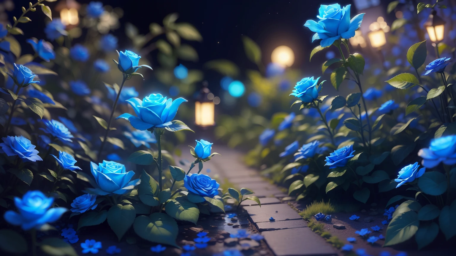 Magic garden miniature scene, delicate blue rose flower、soft glowing branches、Illuminated by happy smiling miniatures. 8K Autorealist,blue garden