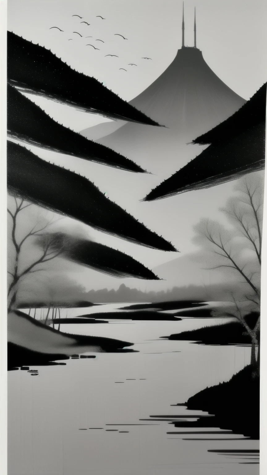 grayscale town Landscape images, Wu Guanzhong's style is an artistic expression that merges traditional Chinese ink techniques with Western painting concepts. It is characterized by modern interpretations of traditional themes, creating unique visual effects through color and line.