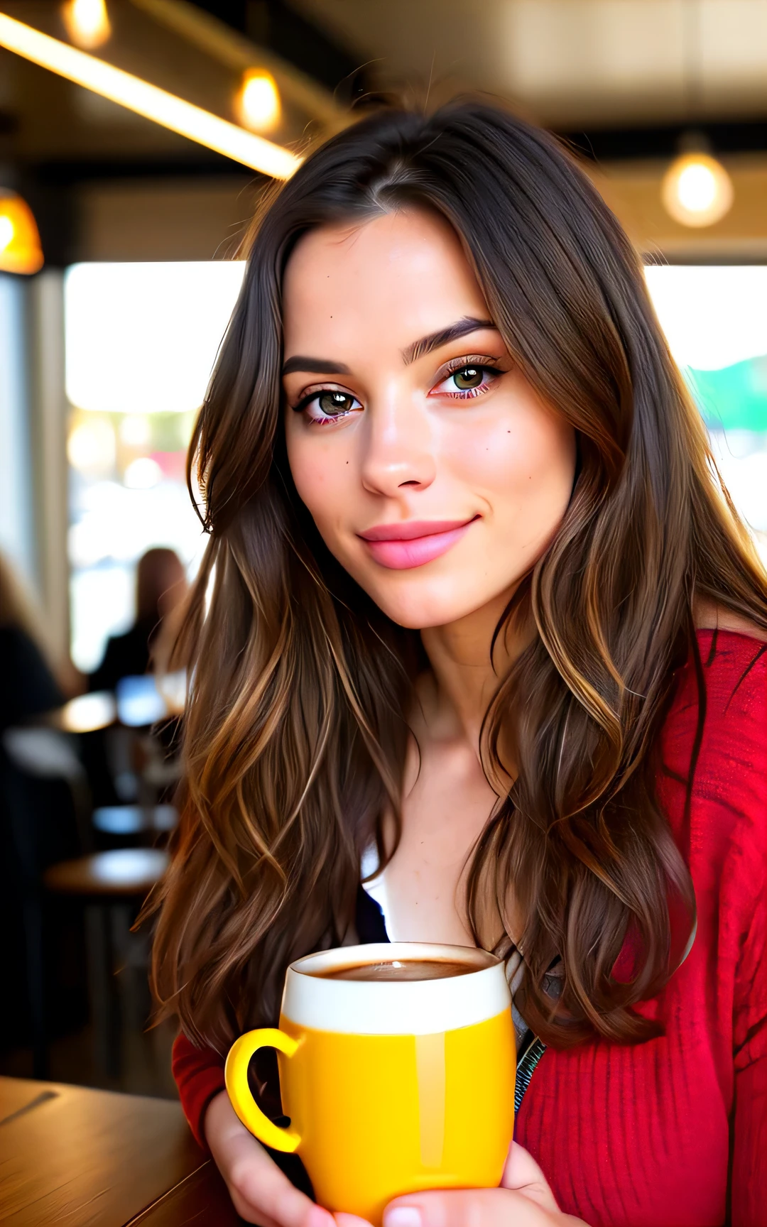 jolie belle brune portant un pull jaune (Drinking coffee in a modern cafe at sunset), Very detailed, 21 ans, visage innocent, natural wavy hair, Yeux bleus, high resolution, chef-d'Ouvrages d'art, best quality,intricate details, Very detailed,acuity, detailed skin,realistic skin Texture,Texture, Detailed eyes, professionnel, 4K, sourire charmeur, shot with Canon, 85mm,faible profondeur de champ,couleur de vision kodak, corps parfaitement ajusté, extremely detailed, photo_\(ultra\), photorealistic, realistic, Post-traitement, maximum detail, roughness, vrai vie, ultra realistic, Photorealism, la photographie, 8k UHD, la photographie