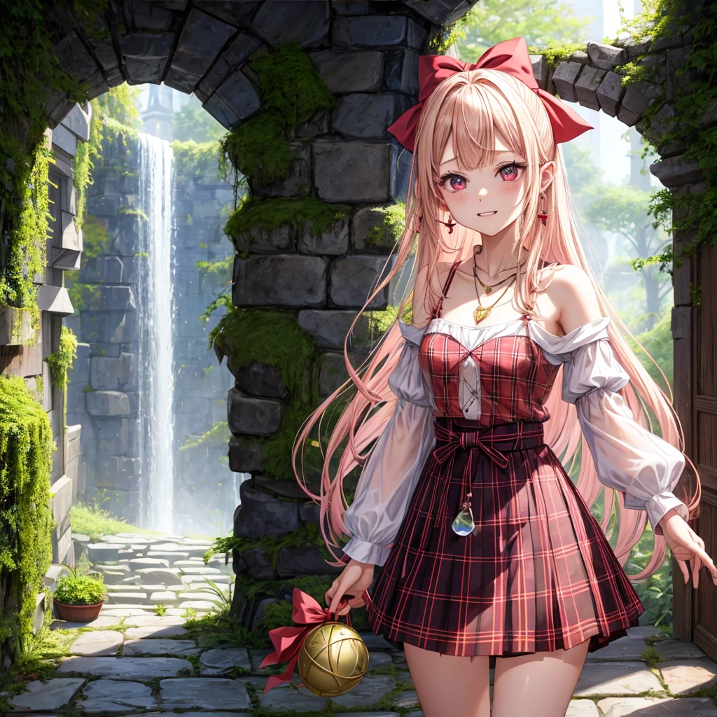 pink blonde、red eyes、one good looking girl、solo、anime、plaid mini skirt、the skirt has buttons、black camisole、black t-shirt、dress、wearing a ribbon、ribbon at waist、cloak、hood、stone slabs are piled up、crystal earrings、monster castle、jewelry necklace、Light and shadow、walking、tunnel、clock、Stuck in the wall、universe、fern plants、petal、tilting one's face、teeth are visible、Red carpet、door of the future、spiral stage、fire spirit、moss is growing、book of magic
