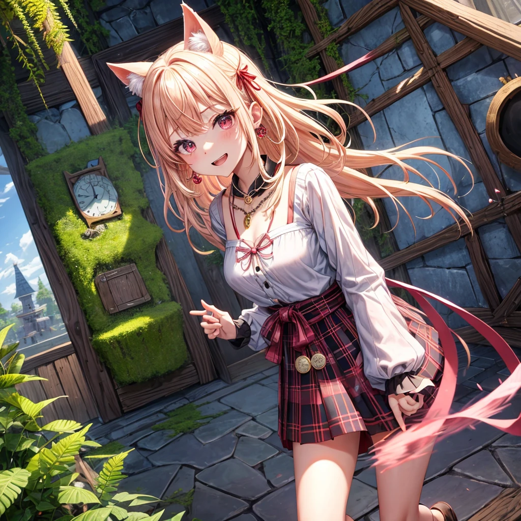 pink blonde、red eyes、one good looking girl、solo、anime、plaid mini skirt、the skirt has buttons、black camisole、black t-shirt、dress、wearing a ribbon、ribbon at waist、cloak、hood、stone slabs are piled up、crystal earrings、monster castle、jewelry necklace、Light and shadow、walking、tunnel、clock、Stuck in the wall、universe、fern plants、petal、tilting one's face、teeth are visible、Red carpet、door of the future、spiral stage、fire spirit、moss is growing、book of magic