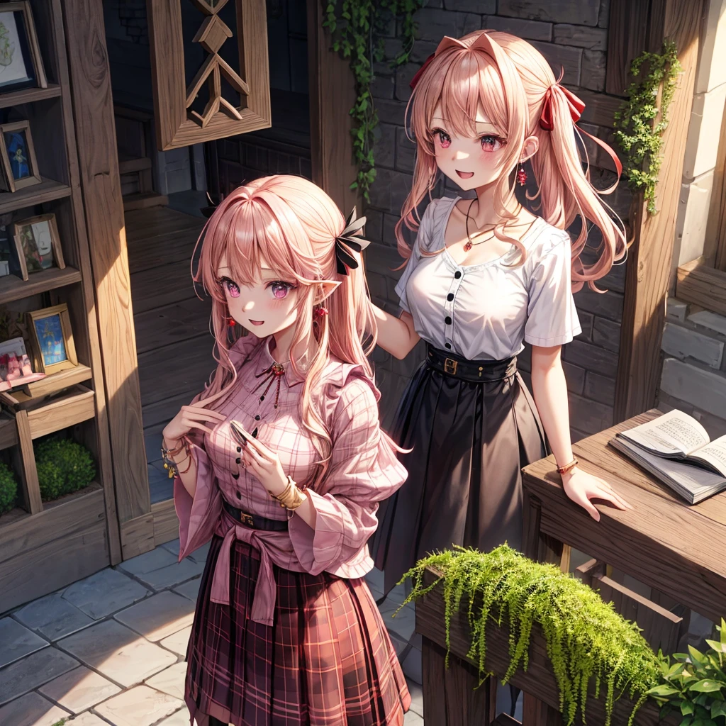 pink blonde、red eyes、one good looking girl、solo、anime、plaid mini skirt、the skirt has buttons、black camisole、black t-shirt、dress、wearing a ribbon、ribbon at waist、cloak、hood、stone slabs are piled up、crystal earrings、monster castle、jewelry necklace、Light and shadow、walking、tunnel、clock、Stuck in the wall、universe、fern plants、petal、tilting one's face、teeth are visible、Red carpet、door of the future、spiral stage、fire spirit、moss is growing、book of magic