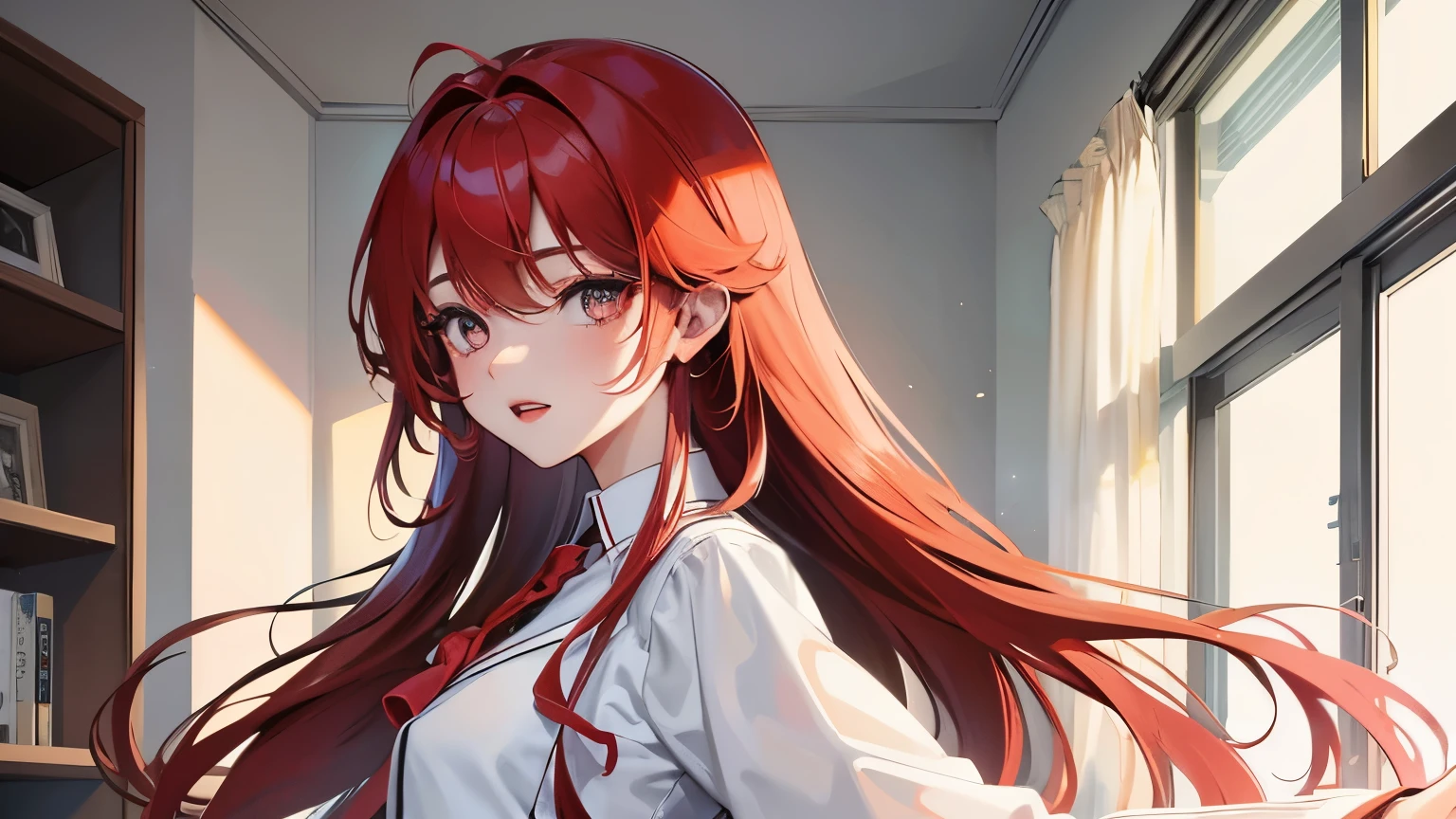 red long hair, masterpiece work, best quality, high resolution;,Improved detail，best quality，Perfect image quality，beautiful and sexy, first person view, small spots under the eyes , pretty, 큰 chest, 8K, ,chest 크게, pure white skin, chest, Beloved, excitement, beautiful, My heart is pounding,  red hair, glamour, tempting, , girl friend, Gray-eyed pupils, doctor 가운, white gown, black skirt , tempting, doctor, health teacher, patient bed, Hospital bed, indoor room, Infirmary, Infirmary