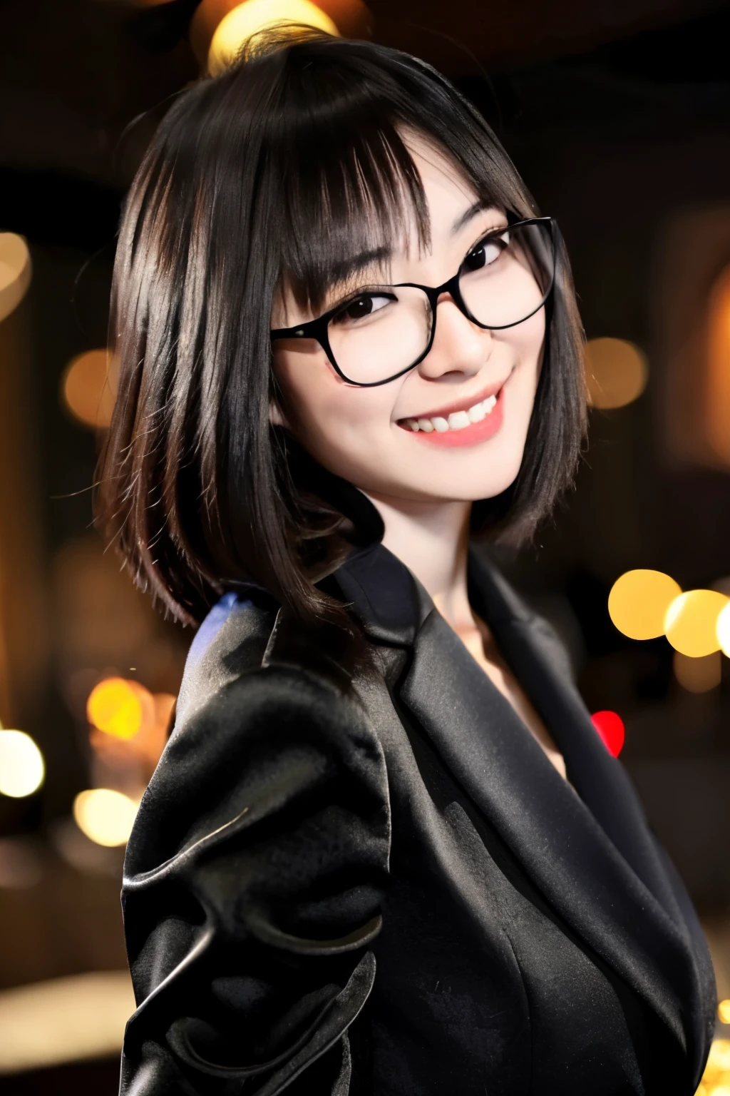 Larissa, slender asian girl, Glasses, Happy, Attend a party, blurred background, Bokeh, masterpiece, (highest quality:1.2), [:intricate details:0.2]black hair、smiling showing teeth、Glassesがずれている