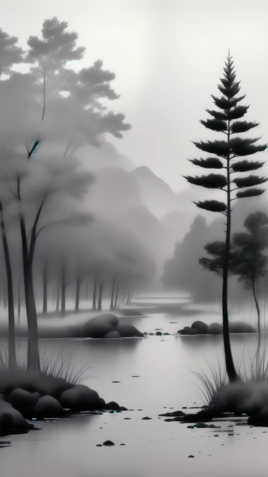 grayscale watercolor Landscape image, Wu Guanzhong's style is an artistic expression that merges traditional Chinese ink techniques with Western painting concepts. It is characterized by modern interpretations of traditional themes, creating unique visual effects through color and line. soft focus image, a few vivid color objects,