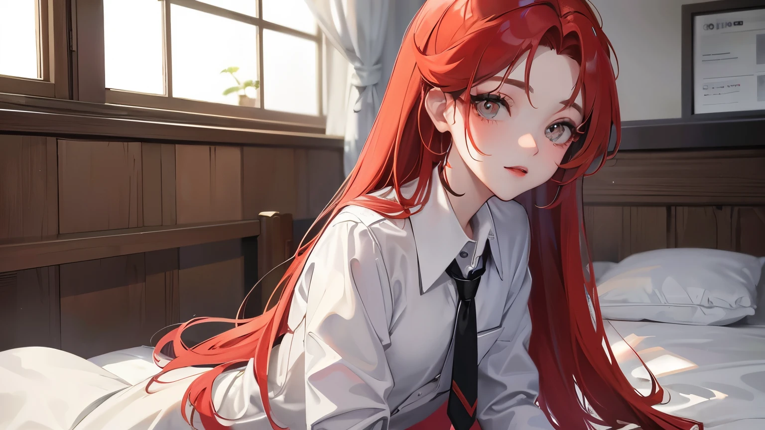 red long hair, masterpiece work, best quality, high resolution;,Improved detail,best quality,Perfect image quality,beautiful and sexy, first person view, small spots under the eyes , pretty, 큰 chest, 8K, ,chest 크게, pure white skin, chest, Beloved, excitement, beautiful, My heart is pounding, red hair, glamour, tempting, , girl friend, Gray-eyed pupils, doctor 가운, white gown, black skirt , tempting, doctor, health teacher, patient bed, Hospital bed, indoor room, Infirmary, Infirmary