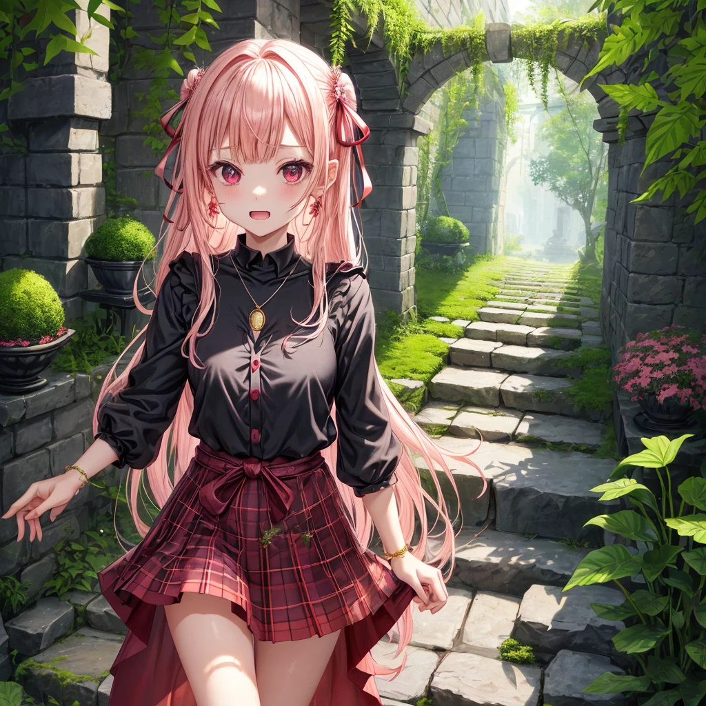 pink blonde、red eyes、one good looking girl、solo、anime、plaid mini skirt、the skirt has buttons、black camisole、black t-shirt、dress、wearing a ribbon、ribbon at waist、cloak、hood、stone slabs are piled up、crystal earrings、monster castle、jewelry necklace、Light and shadow、walking、tunnel、clock、Stuck in the wall、universe、fern plants、petal、tilting one's face、teeth are visible、Red carpet、door of the future、spiral stage、fire spirit、moss is growing、book of magic、Iron nuggets