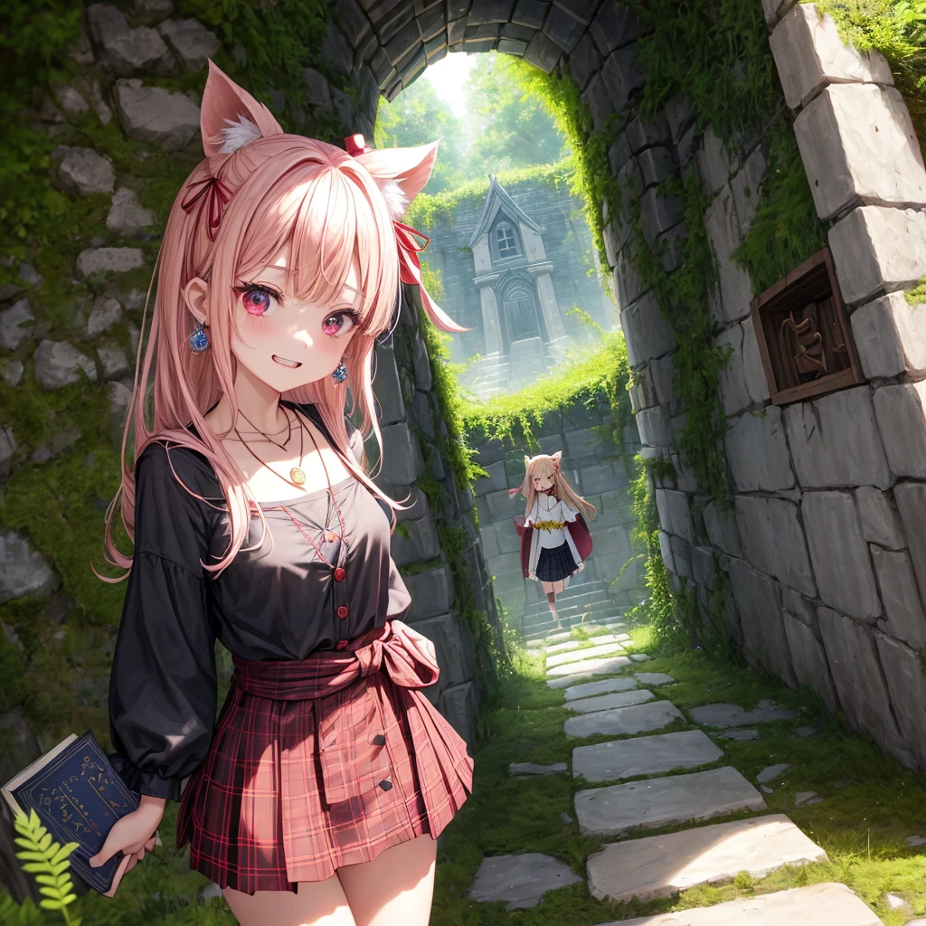 pink blonde、red eyes、one good looking girl、solo、anime、plaid mini skirt、the skirt has buttons、black camisole、black t-shirt、dress、wearing a ribbon、ribbon at waist、cloak、hood、stone slabs are piled up、crystal earrings、monster castle、jewelry necklace、Light and shadow、walking、tunnel、clock、Stuck in the wall、universe、fern plants、petal、tilting one&#39;s face、teeth are visible、Red carpet、door of the future、spiral stage、fire spirit、moss is growing、book of magic、Iron nuggets