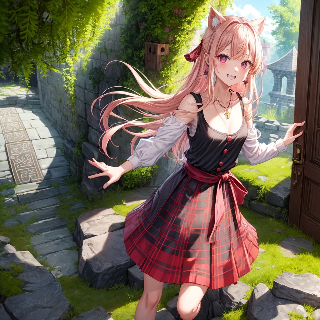 pink blonde、red eyes、one good looking girl、solo、anime、plaid mini skirt、the skirt has buttons、black camisole、black t-shirt、dress、wearing a ribbon、ribbon at waist、cloak、hood、stone slabs are piled up、crystal earrings、monster castle、jewelry necklace、Light and shadow、walking、tunnel、clock、Stuck in the wall、universe、fern plants、petal、tilting one's face、teeth are visible、Red carpet、door of the future、spiral stage、fire spirit、moss is growing、book of magic、Iron nuggets