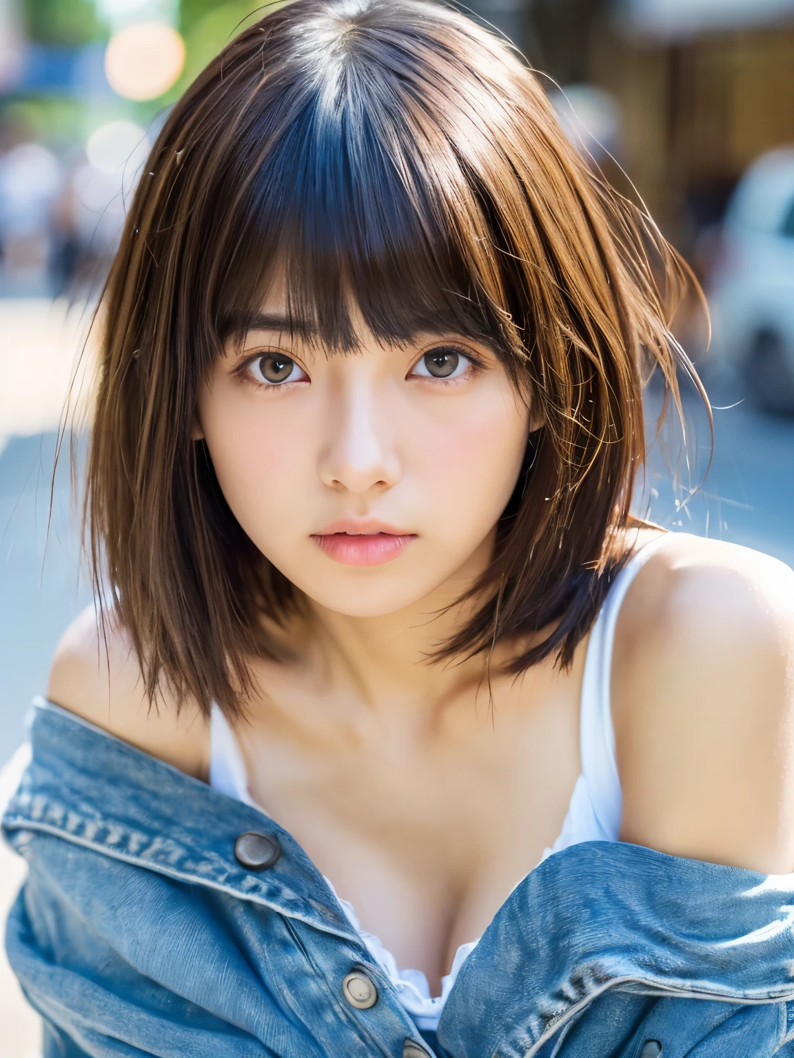 (photo taken:1.2)、(Photoreal:1.4)、(masterpiece:1.3)、(highest quality:1.4)、超A high resolution、(detailed eye)、(detailed facial features)、(Detailed clothing characteristics)、8K resolution、solo focus、bangs、double eyelid、beautiful lips、toned legs、(slender girl)、(japanese girl)、(japan faces)、1 girl、slim beauty:1.3、brown haired、delicate hair、(big breasts:1.2)、Daikanyama、street、realistic body、white skin、glowing skin、Because I'm slender、(short hair:1.2)、(bangs: 1.2)、Bruised and ugly face、cute face、lifelike face、delicate body、thighs