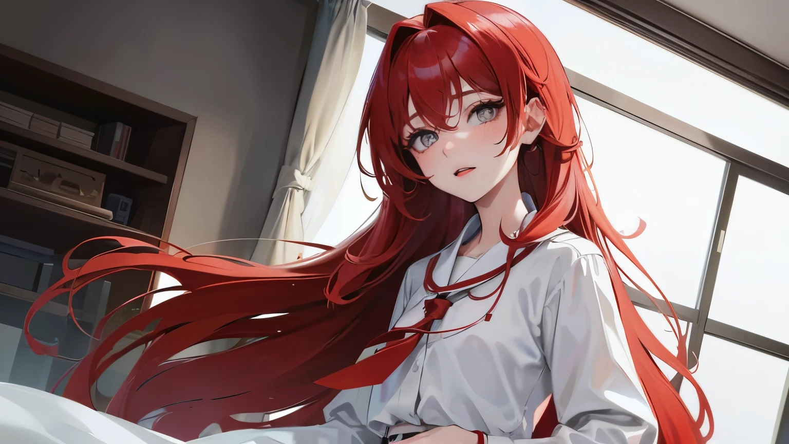 ((masterpiece)), ((best quality)), 1girl, long hair, big bust, very long red hair, yellow eyes, covered with bed sheets, ((white clothes)) rain, sleep clothes, underwear, , shirt, ((lay in bed)), white clothes, ((closed eyes)), without pants, good anatomy, sleeping, ((night)), in bed, ((beautiful eyes)), dark background, close up, ((detailed eyes)), beautiful eyes, hair bang, frontal look