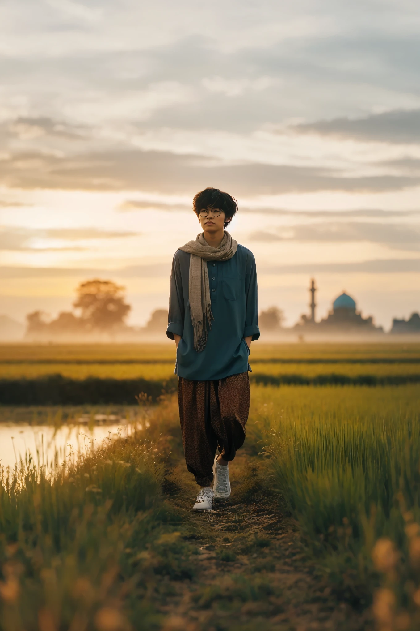 arafed woman walking in a field with a hat and scarf, cinematic full body shot, mid shot portrait, matte painting portrait shot, cinematic. by leng jun, cinematic morning light, cinematic full shot, cinematic outfit photo, cinematic photo, portrait shot, cinematic style photograph, cinematic portrait, japanesse farmer, at sunrise