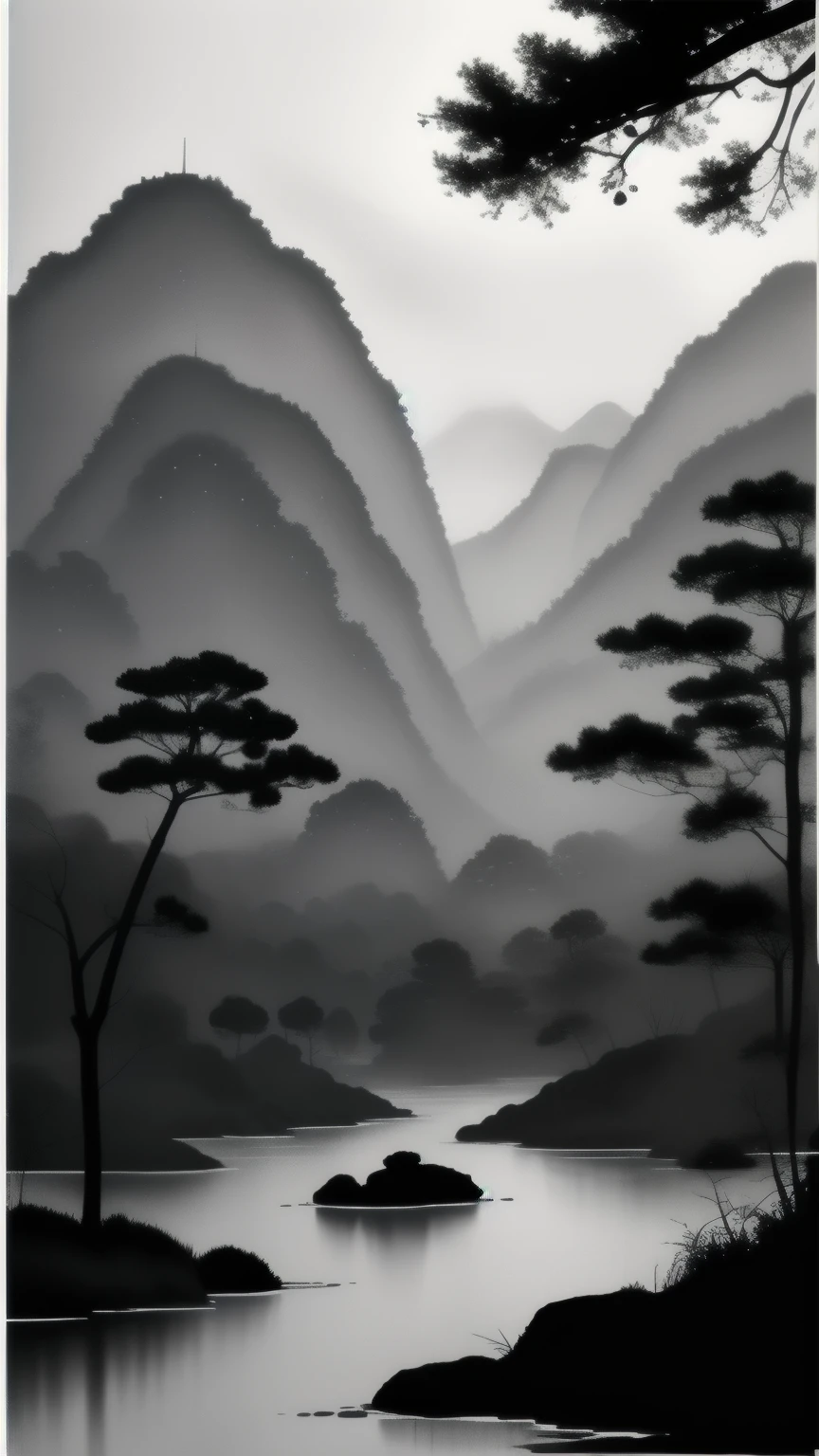 grayscale watercolor Landscape image, Wu Guanzhong's style is an artistic expression that merges traditional Chinese ink techniques with Western painting concepts. It is characterized by modern interpretations of traditional themes, creating unique visual effects through color and line. soft focus image, a few vivid color objects,