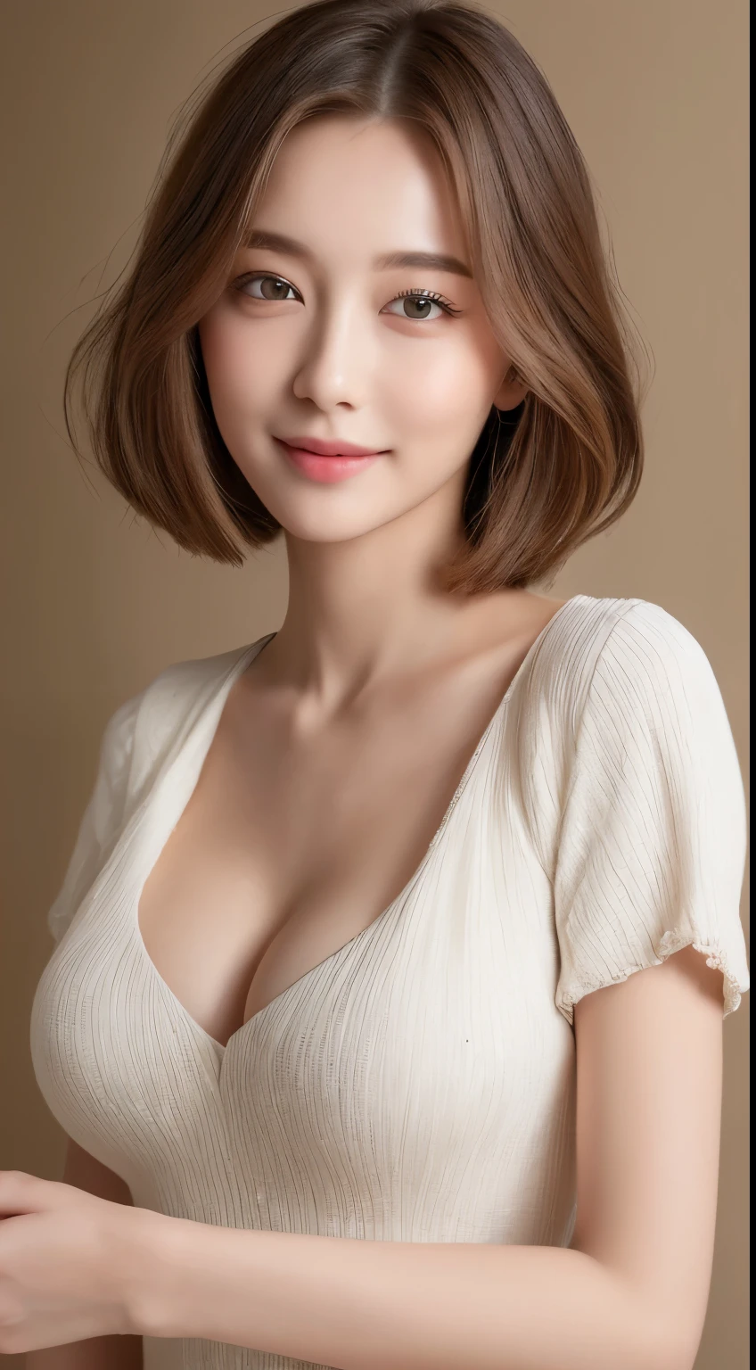 ((highest quality, 8k, masterpiece: 1.3)), 1 girl, The beauty of slim abs: 1.3, (hairstyle casual, big breasts: 1.2), dress: 1.1, super detailed face, delicate eyes, double eyelid, smile, Home,big breastsk,cleavage