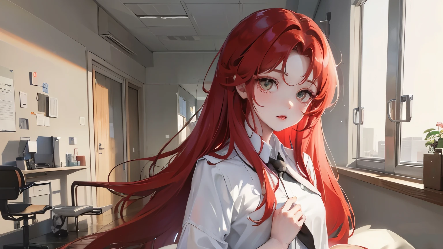 red long hair, masterpiece work, best quality, high resolution;,Improved detail,best quality,Perfect image quality,beautiful and sexy, first person view, small spots under the eyes , pretty, 큰 chest, 8K, ,chest 크게, pure white skin, chest, Beloved, excitement, beautiful, My heart is pounding, red hair, glamour, tempting, , girl friend, Gray-eyed pupils, doctor 가운, white gown, black skirt , tempting, doctor, health teacher, patient bed, Hospital bed, indoor room, Infirmary, Infirmary