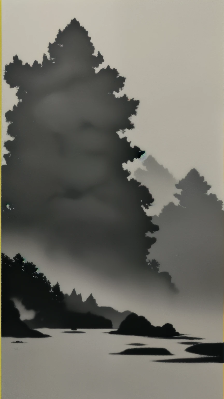 grayscale watercolor Landscape image, Wu Guanzhong's style is an artistic expression that merges traditional Chinese ink techniques with Western painting concepts. It is characterized by modern interpretations of traditional themes, creating unique visual effects through color and line. soft focus image, a few vivid color objects,
