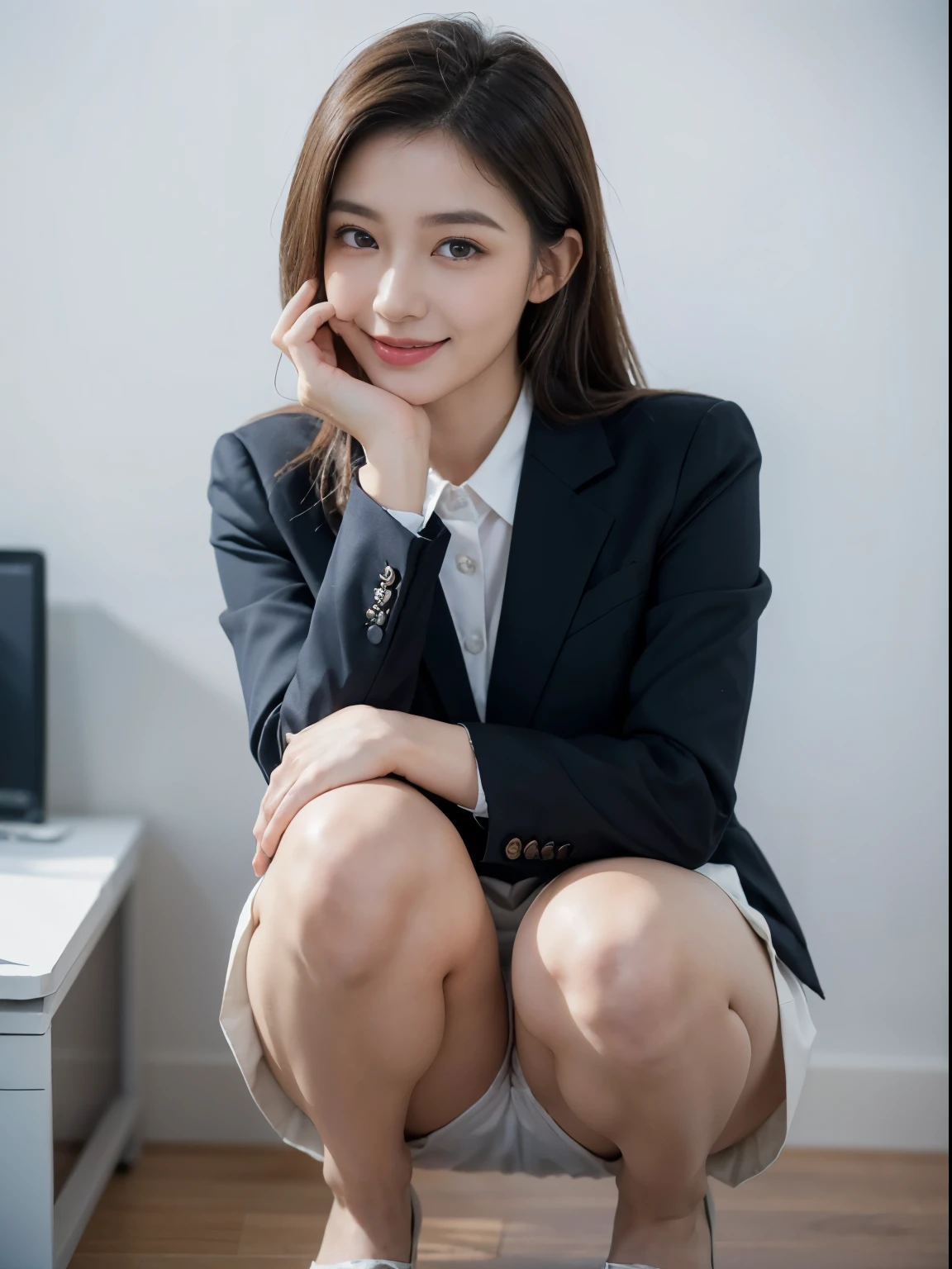 (8K high quality), (highest quality), (RAW image quality),(table top:1.2), (realistic), (realistic:1.37), White-eye,long eyelashes,Precise action and realistic style),ultimate face,realistic, Light and shadow,clear facial features,milky skin,Fair skin, high detail skin,realistic skin details,visible pores,(Super detailed),hair length is random, (flowing hair),best portrait,Shooting from close range, only one girl, cute,detailed and beautiful eyes, beautifully detailed nose, highly detailed skin) ,(Beautiful face with double eyelids), (realism: 1.4),,delicate and beautiful face,,25 years old,(beautiful face 1.4),Slender, (Wearing an office lady suit and skirt:1.2),((at the company office)),,natural smile,(,seems to be happy),medium hair,,((Wearing an office lady suit and skirt)),very beautiful legs,(((Crouch over the viewer))),((smile at the audience)),The color of the pants is white,very charming smile,sit with both knees up,((Squat down and show off your white panties)),(((Squat with your legs slightly apart))),Gesture of hand on cheek、