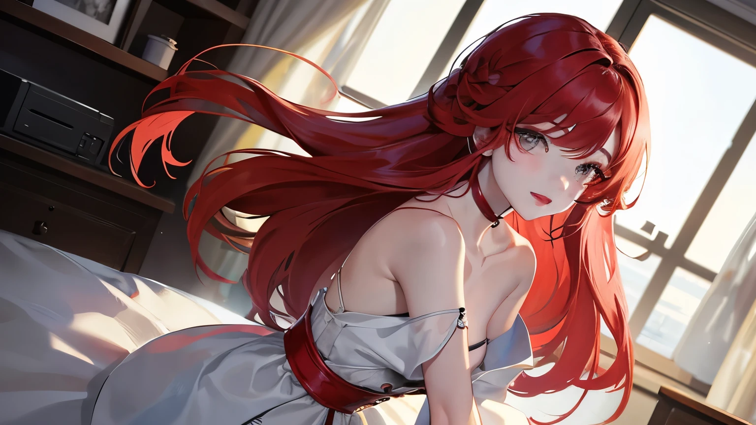red long hair, masterpiece work, best quality, high resolution;,Improved detail，best quality，Perfect image quality，beautiful and sexy, first person view, small spots under the eyes , pretty, 큰 chest, 8K, ,chest 크게, pure white skin, chest, Beloved, excitement, beautiful, My heart is pounding,  red hair, glamour, tempting, , girl friend, Gray-eyed pupils, doctor 가운, white gown, black skirt , tempting, doctor, health teacher, patient bed, Hospital bed, indoor room, Infirmary, Infirmary