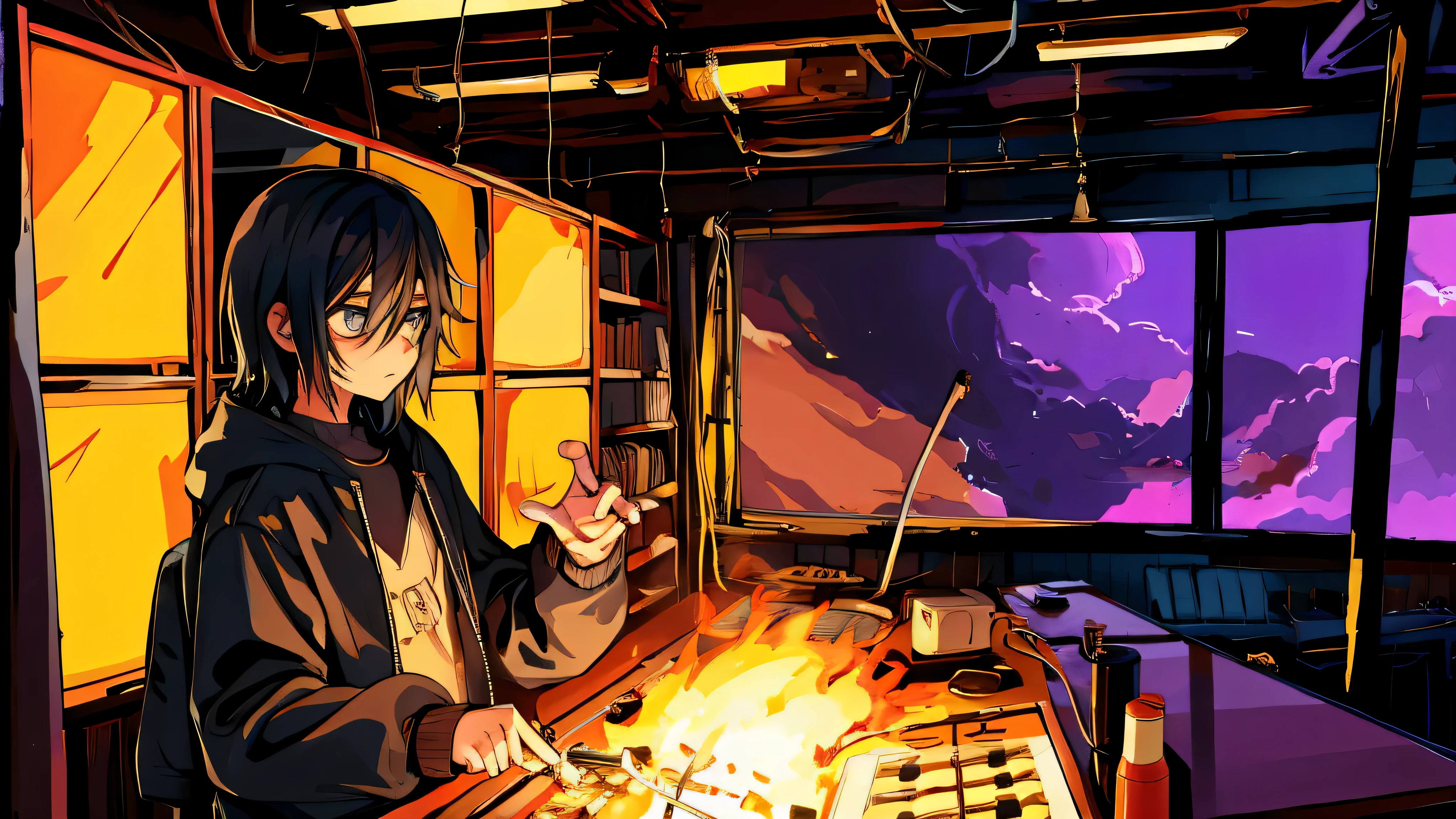 emo boy setting studio on fire