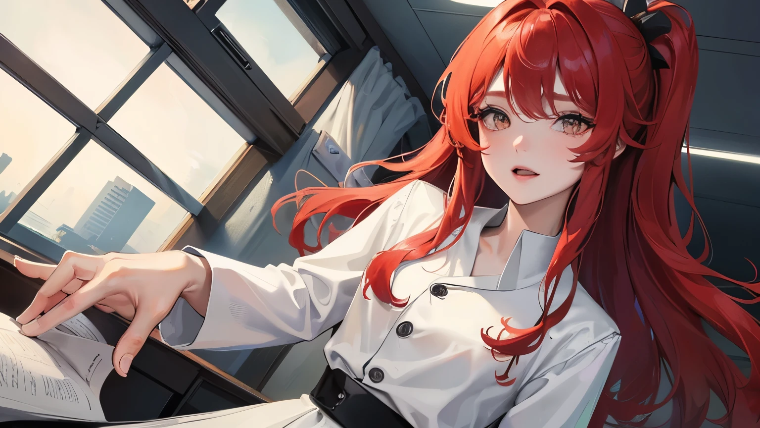 red long hair, masterpiece work, best quality, high resolution;,Improved detail，best quality，Perfect image quality，beautiful and sexy, first person view, small spots under the eyes , pretty, 큰 chest, 8K, ,chest 크게, pure white skin, chest, Beloved, excitement, beautiful, My heart is pounding,  red hair, glamour, tempting, , girl friend, Gray-eyed pupils, doctor 가운, white gown, black skirt , tempting, doctor, health teacher, patient bed, Hospital bed, indoor room, Infirmary, Infirmary