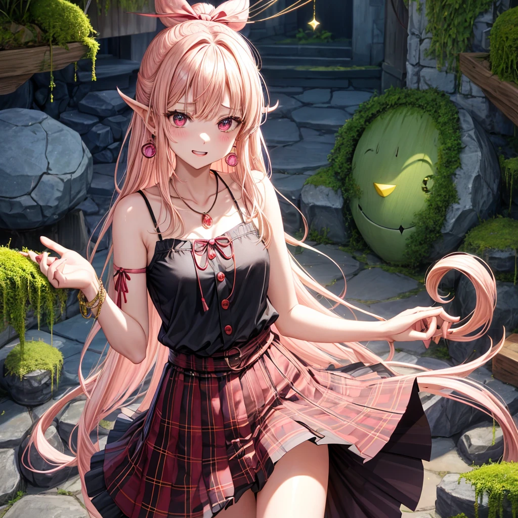 pink blonde、red eyes、one good looking girl、solo、anime、plaid mini skirt、the skirt has buttons、black camisole、black t-shirt、dress、wearing a ribbon、ribbon at waist、cloak、hood、stone slabs are piled up、crystal earrings、monster castle、jewelry necklace、Light and shadow、walking、tunnel、clock、Stuck in the wall、universe、fern plants、petal、tilting one&#39;s face、teeth are visible、Red carpet、door of the future、spiral stage、fire spirit、moss is growing、book of magic、Iron nuggets
