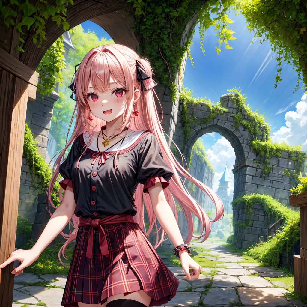 pink blonde、red eyes、one good looking girl、solo、anime、plaid mini skirt、the skirt has buttons、black camisole、black t-shirt、dress、wearing a ribbon、ribbon at waist、cloak、hood、stone slabs are piled up、crystal earrings、monster castle、jewelry necklace、Light and shadow、walking、tunnel、clock、Stuck in the wall、universe、fern plants、petal、tilting one&#39;s face、teeth are visible、Red carpet、door of the future、spiral stage、fire spirit、moss is growing、book of magic、Iron nuggets