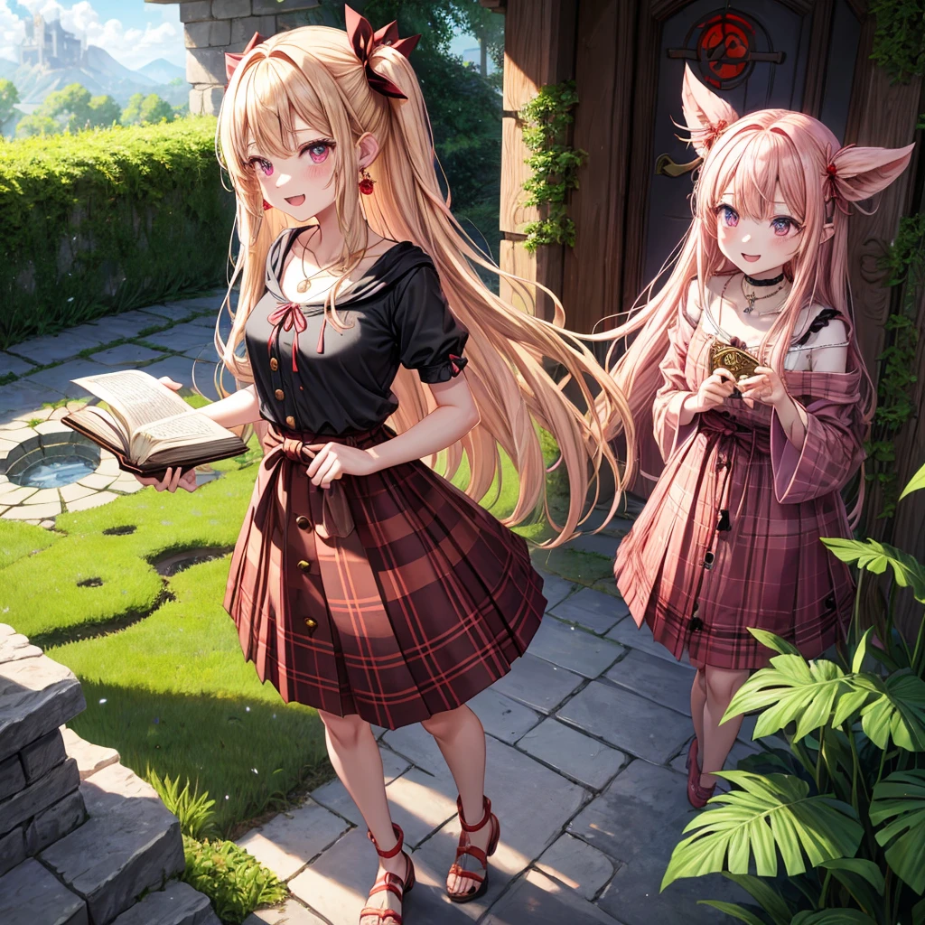 pink blonde、red eyes、one good looking girl、solo、anime、plaid mini skirt、the skirt has buttons、black camisole、black t-shirt、dress、wearing a ribbon、ribbon at waist、cloak、hood、stone slabs are piled up、crystal earrings、monster castle、jewelry necklace、Light and shadow、walking、tunnel、clock、Stuck in the wall、universe、fern plants、petal、tilting one's face、teeth are visible、Red carpet、door of the future、spiral stage、fire spirit、moss is growing、book of magic、Iron nuggets