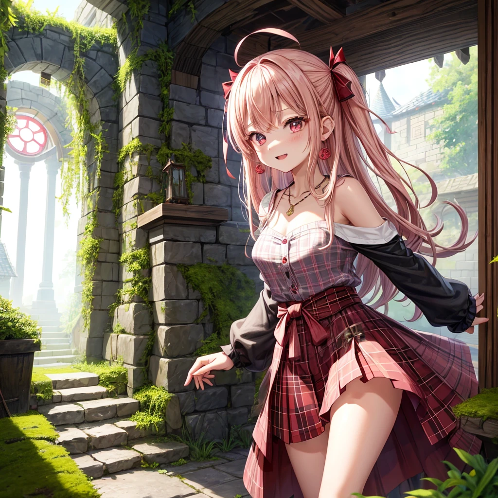 pink blonde、red eyes、one good looking girl、solo、anime、plaid mini skirt、the skirt has buttons、black camisole、black t-shirt、dress、wearing a ribbon、ribbon at waist、cloak、hood、stone slabs are piled up、crystal earrings、monster castle、jewelry necklace、Light and shadow、walking、tunnel、clock、Stuck in the wall、universe、fern plants、petal、tilting one's face、teeth are visible、Red carpet、door of the future、spiral stage、fire spirit、moss is growing、book of magic、Iron nuggets
