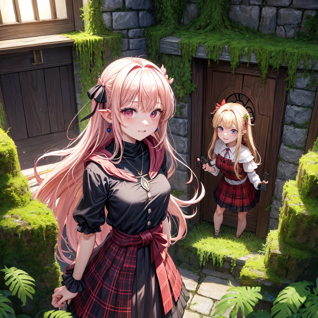 pink blonde、red eyes、one good looking girl、solo、anime、plaid mini skirt、the skirt has buttons、black camisole、black t-shirt、dress、wearing a ribbon、ribbon at waist、cloak、hood、stone slabs are piled up、crystal earrings、monster castle、jewelry necklace、Light and shadow、walking、tunnel、clock、Stuck in the wall、universe、fern plants、petal、tilting one&#39;s face、teeth are visible、Red carpet、door of the future、spiral stage、fire spirit、moss is growing、book of magic、Iron nuggets