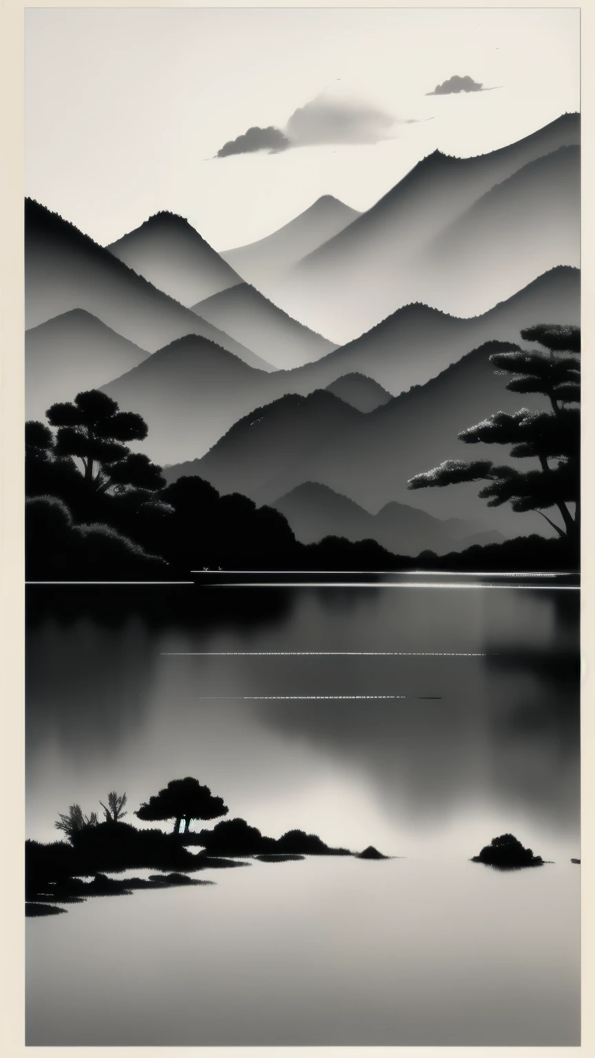 grayscale watercolor Landscape image, Wu Guanzhong's style is an artistic expression that merges traditional Chinese ink techniques with Western painting concepts. It is characterized by modern interpretations of traditional themes, creating unique visual effects through color and line. soft focus image, a many vivid color small objects,