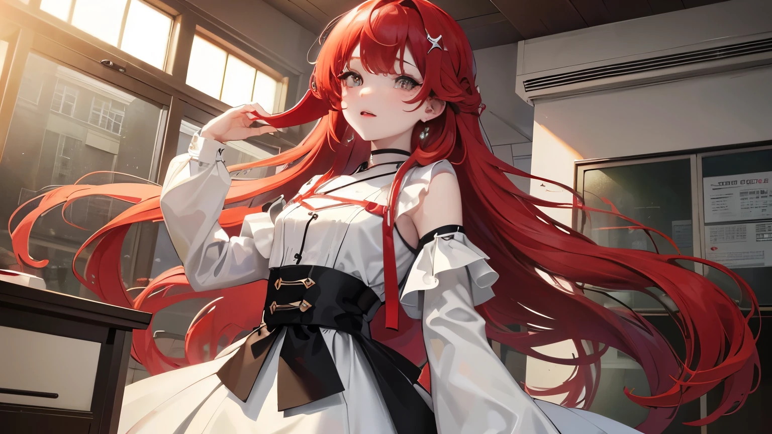 red long hair, masterpiece work, best quality, high resolution;,Improved detail,best quality,Perfect image quality,beautiful and sexy, first person view, small spots under the eyes , pretty, 큰 chest, 8K, ,chest 크게, pure white skin, chest, Beloved, excitement, beautiful, My heart is pounding, red hair, glamour, tempting, , girl friend, Gray-eyed pupils, doctor 가운, white gown, black skirt , tempting, doctor, health teacher, patient bed, Hospital bed, indoor room, Infirmary, Infirmary