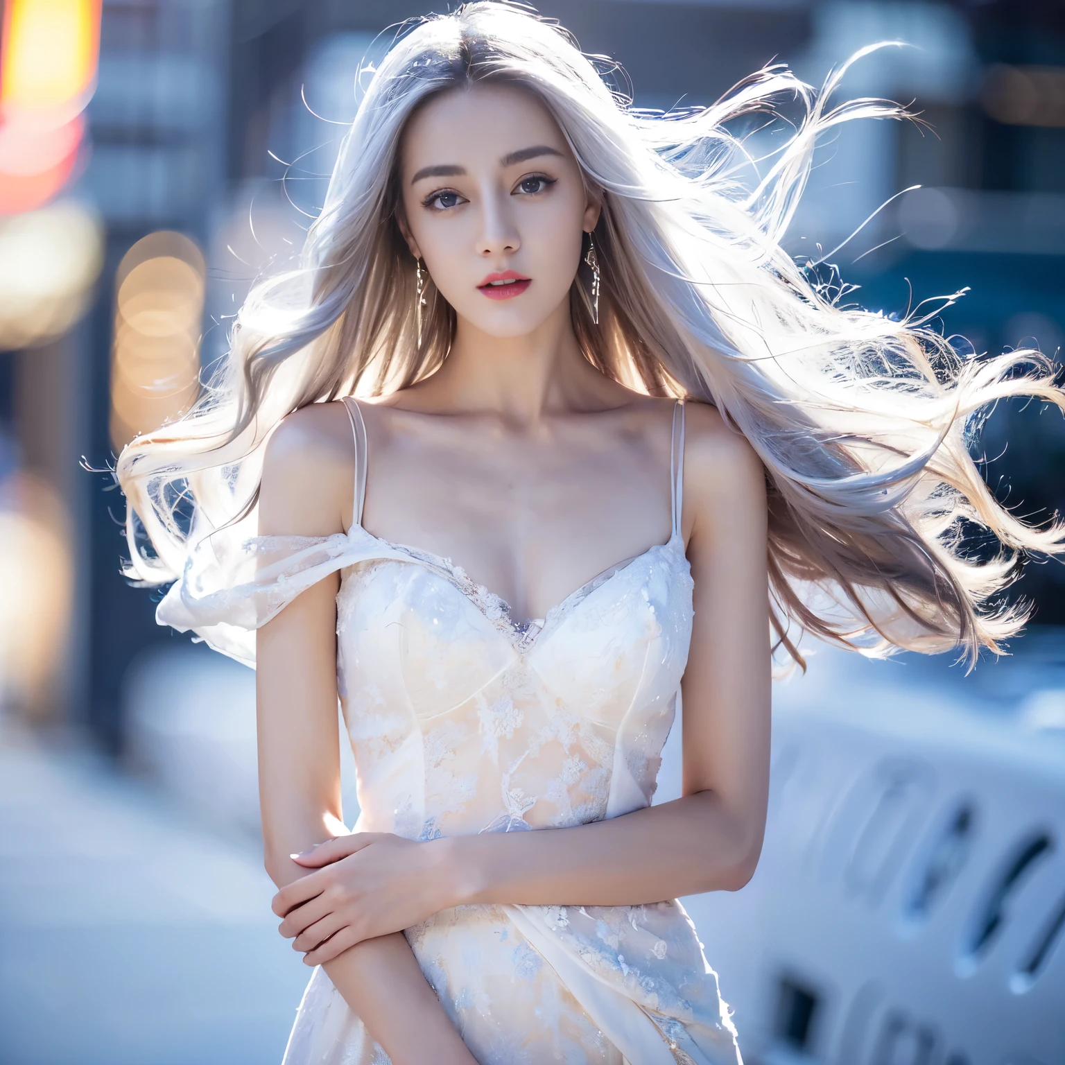 ((top quality、8k、Masterpiece:1.3))、Extremely delicate and beautiful girl,full-body shot,huge breasts,bigger breasts,amazing breast size,G cup。Wear big earrings,Very white skin,moist red lips,Waist is very thin,Thighs are very thin,big butt,Reveal a little,fair and smooth skin,Smooth and fair skin,flawless skin,Fair and shiny skin,cold white skin,The camera focuses on the chest,Bright light,White tube top dress,bare shoulders,white hair,hair is white,heavy snow,snow mountain,sunset