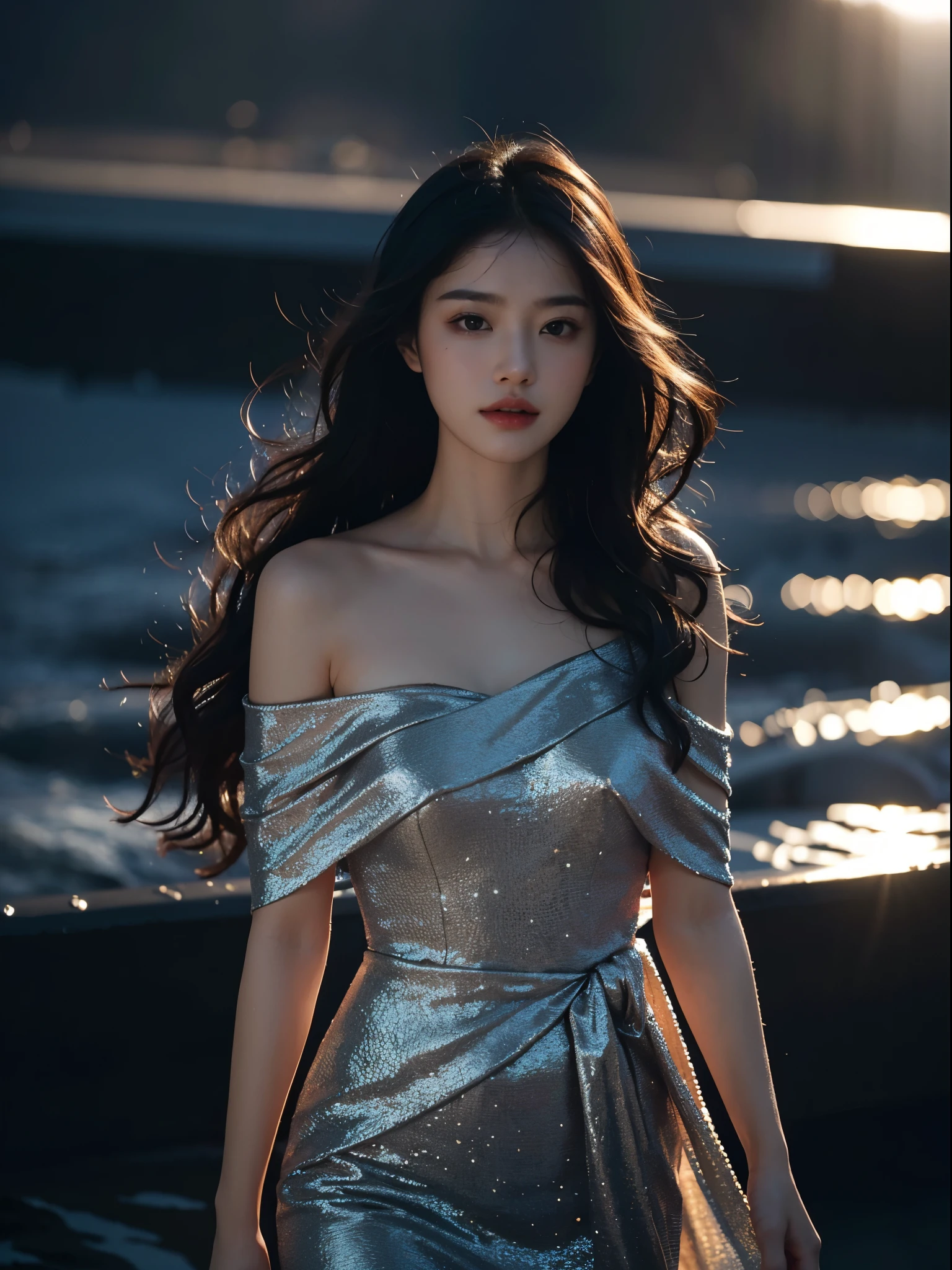 best picture quality,masterpiece level,ultra high definition,ultimate realism(1.4),a sexy woman,Wavy shoulder,glowing skin,Cold and dark environment,Deep shadows,Sunshine background。