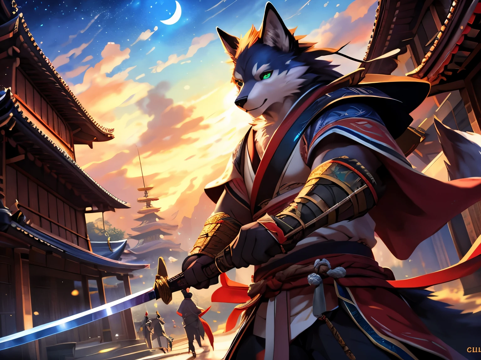 posted on e621, (by Chunie), male, Wolf anthro, solo, light green eyes, (Realistic eye details 1.2), anime character with a sword in a city at night, onmyoji detailed art, fox nobushi holding a naginata, onmyoji, fox nobushi, colorful kitsune city, anthropomorphic cat ninja, traditional japanese concept art, inspired by Ryūsei Kishida, moon bear samurai, moon bull samurai, samurai cat, in a panoramic view, masterpiece, Abstract beauty, ultra detailed face, depth of field, motion blur, high details, high quality, award winning, HD, 16k, (best quality,4k,8k,highres,masterpiece:1.2),ultra-detailed,realistic:1.37,HDR,UHD,studio lighting,extreme detail description,professional,vivid colors,bokeh,lively atmosphere, natural lighting