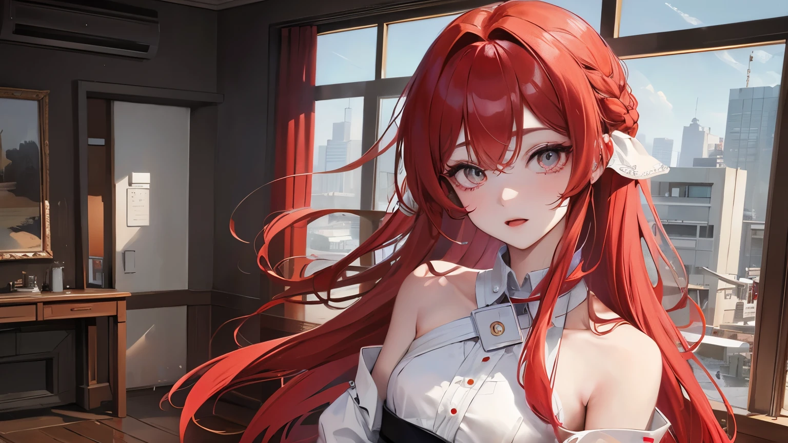 red long hair, masterpiece work, best quality, high resolution;,Improved detail，best quality，Perfect image quality，beautiful and sexy, first person view, small spots under the eyes , pretty, 큰 chest, 8K, ,chest 크게, pure white skin, chest, Beloved, excitement, beautiful, My heart is pounding,  red hair, glamour, tempting, , girl friend, Gray-eyed pupils, Infirmary, doctor 가운, white gown, black skirt , tempting, doctor, health teacher