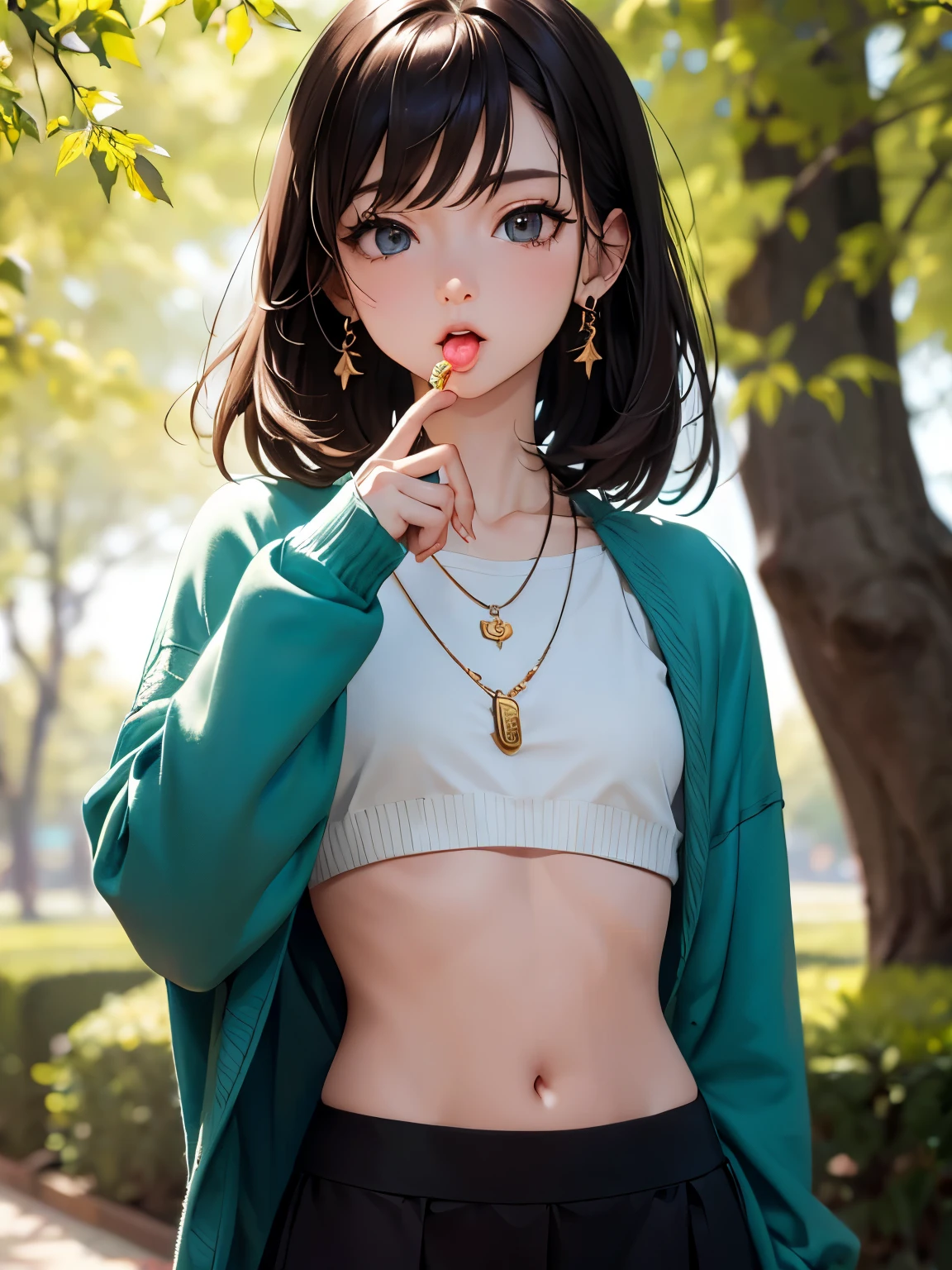 ((Biologically correct number of limbs))、((natural finger shape))、((full body shot, including face))、standing position、[NSFW]、4K、masterpiece、((focus on the face))、((Symmetrical facial features))、Eyes of minute description、Beautiful woman、outstanding style、beautiful clavicle、beautiful legs、slender body、(small ass、thin thighs）、(high heels）、Detailed depiction of faces、small earrings、necklace、Low - Angle、(upper body sweatshirt、lower body skirt）、Holiday morning park scenery、strong sunlight、feeding、eating candy、