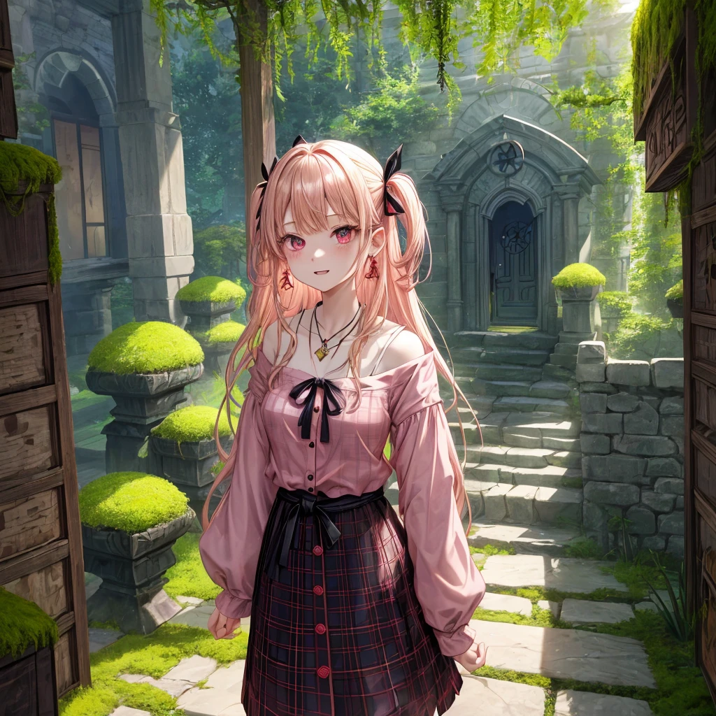 pink blonde、red eyes、one good looking girl、solo、anime、plaid mini skirt、the skirt has buttons、black camisole、black t-shirt、dress、wearing a ribbon、ribbon at waist、cloak、hood、stone slabs are piled up、crystal earrings、monster castle、jewelry necklace、Light and shadow、walking、tunnel、clock、Stuck in the wall、universe、fern plants、petal、tilting one&#39;s face、teeth are visible、Red carpet、door of the future、spiral stage、fire spirit、moss is growing、book of magic、Iron nuggets