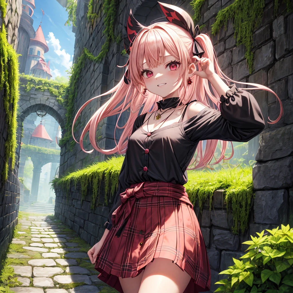 pink blonde、red eyes、one good looking girl、solo、anime、plaid mini skirt、the skirt has buttons、black camisole、black t-shirt、dress、wearing a ribbon、ribbon at waist、cloak、hood、stone slabs are piled up、crystal earrings、monster castle、jewelry necklace、Light and shadow、walking、tunnel、clock、Stuck in the wall、universe、fern plants、petal、tilting one's face、teeth are visible、Red carpet、door of the future、spiral stage、fire spirit、moss is growing、book of magic、Iron nuggets