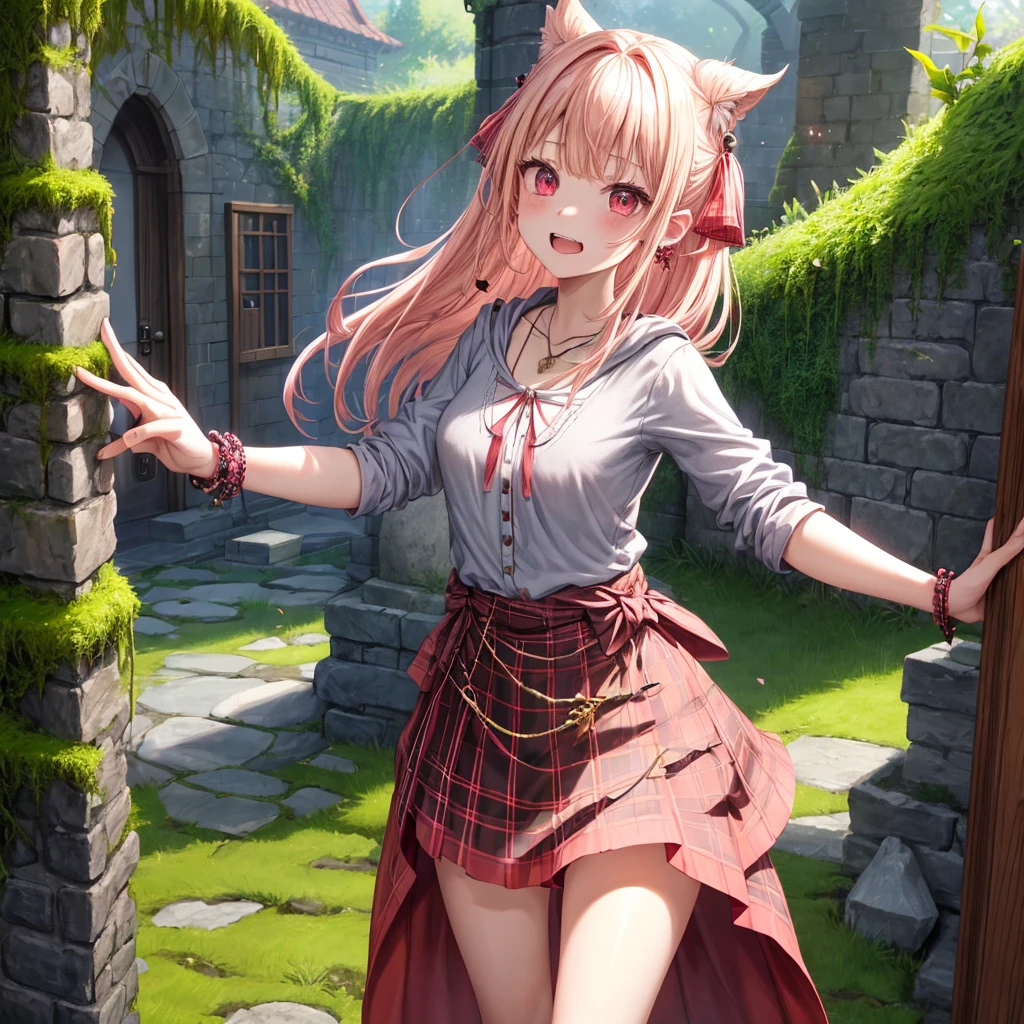 pink blonde、red eyes、one good looking girl、solo、anime、plaid mini skirt、the skirt has buttons、black camisole、black t-shirt、dress、wearing a ribbon、ribbon at waist、cloak、hood、stone slabs are piled up、crystal earrings、monster castle、jewelry necklace、Light and shadow、walking、tunnel、clock、Stuck in the wall、universe、fern plants、petal、tilting one&#39;s face、teeth are visible、Red carpet、door of the future、spiral stage、fire spirit、moss is growing、book of magic、Iron nuggets