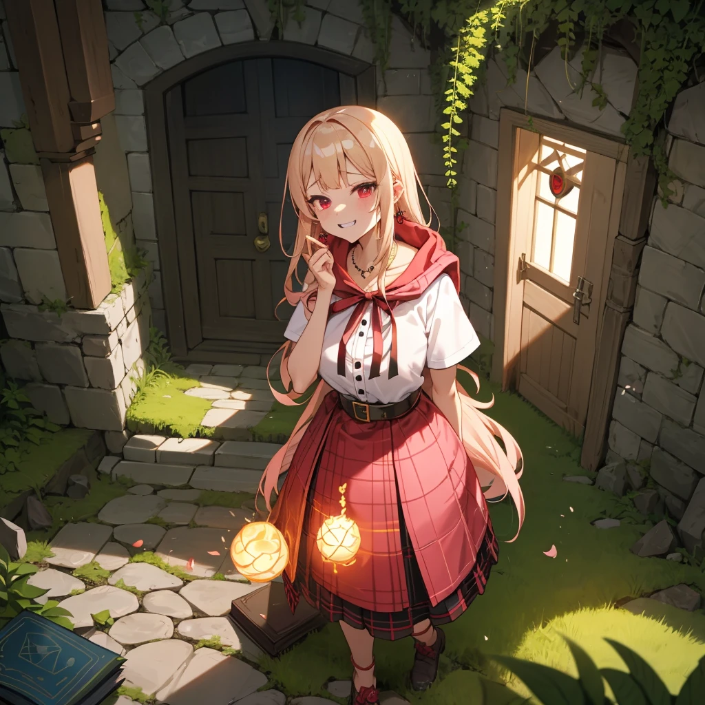 pink blonde、red eyes、one good looking girl、solo、anime、plaid mini skirt、the skirt has buttons、black camisole、black t-shirt、dress、wearing a ribbon、ribbon at waist、cloak、hood、stone slabs are piled up、crystal earrings、monster castle、jewelry necklace、Light and shadow、walking、tunnel、clock、Stuck in the wall、universe、fern plants、petal、tilting one&#39;s face、teeth are visible、Red carpet、door of the future、spiral stage、fire spirit、moss is growing、book of magic、Iron nuggets