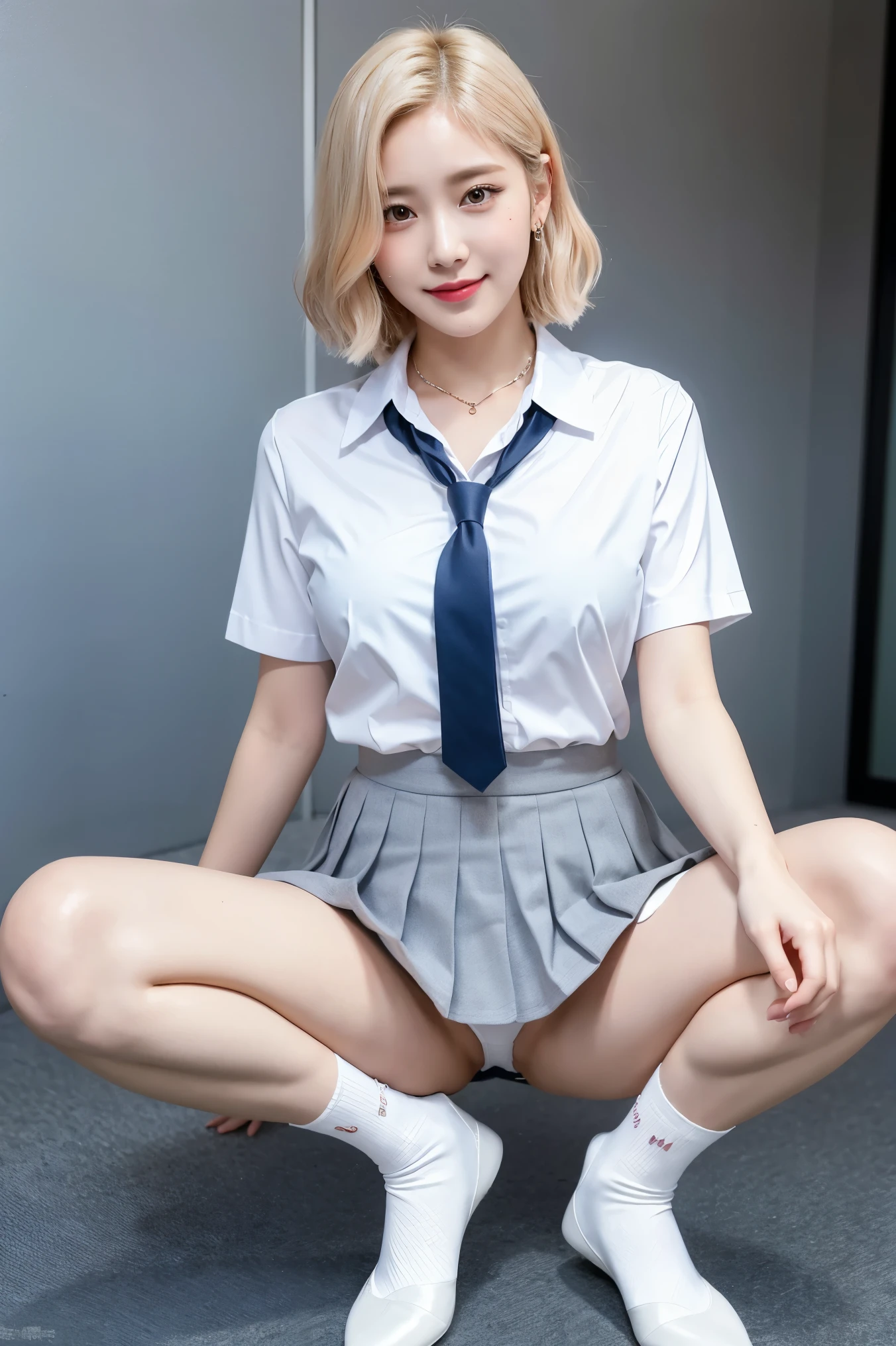 (8k), (highest quality: 1.2), (realistic), (realistic: 1.37), ultra high resolution, 1 girl, cute, smile, closed mouth, beautiful details, beautiful nose, whole body, wet hair, giant dulcefo, pork, school uniform, thighs,sheer white shirt,unbutton the three buttons on your shirt,no tie,wet white shirt,thin necklace,uniform,gray pleated skirt,thighs,selfie,white loose socks,pink blonde hair,short hair,One-point piercing,spread your legs,thighs,I can see the collarbone