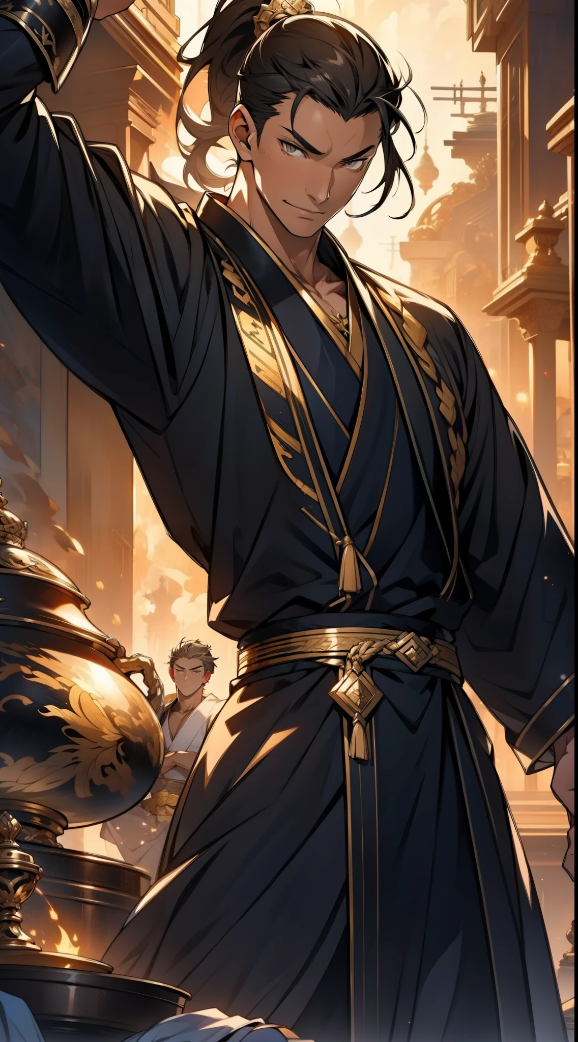 one person(male warrior),proportions are correct,facial details,swordsman,high ponytail hairstyle,neck detail,Have an Adam's apple,Black and gold robe,joke,Black and gold robe,clothing details,Hand over,long sleeves,Game quality,fencing,Ray tracing,Ray tracing,Detailed glow,CG rendering,hair details,Long black and blond hair,Black-gold eyes,Handsome,Handsome,(Youthful feeling),Costumes are complicated,Perfect composition,refine,high quality,higher details,many details,Complex background,a sense of atmosphere,