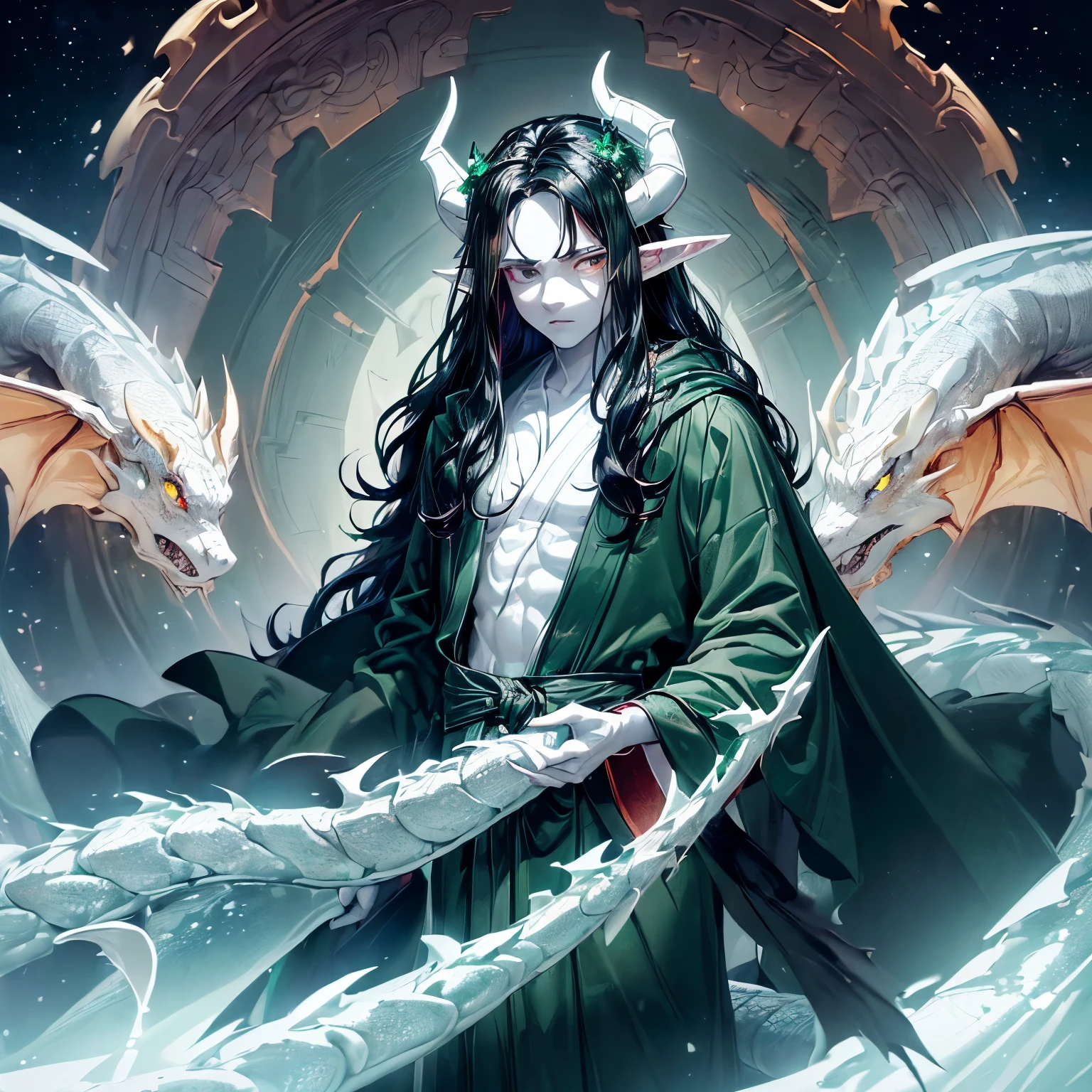 beautiful, (Best Illustration), 8k resolution, intricate details, best quality, actual, Super detailed, best lighting, Best shadows, ultra high definition, ((((Handsome young man))), ((teenager :1.5)), (glowing red eyes), (glowing eyes), ((((long black hair: 1.1))), ((dark green clothes)), (prince (cold expression), , (((Wearing a high detail luxury green robe))),, starry night sky, falling meteor, Elf ears, ((White skin)), There are dragon horns on the forehead, surrounded by dragons