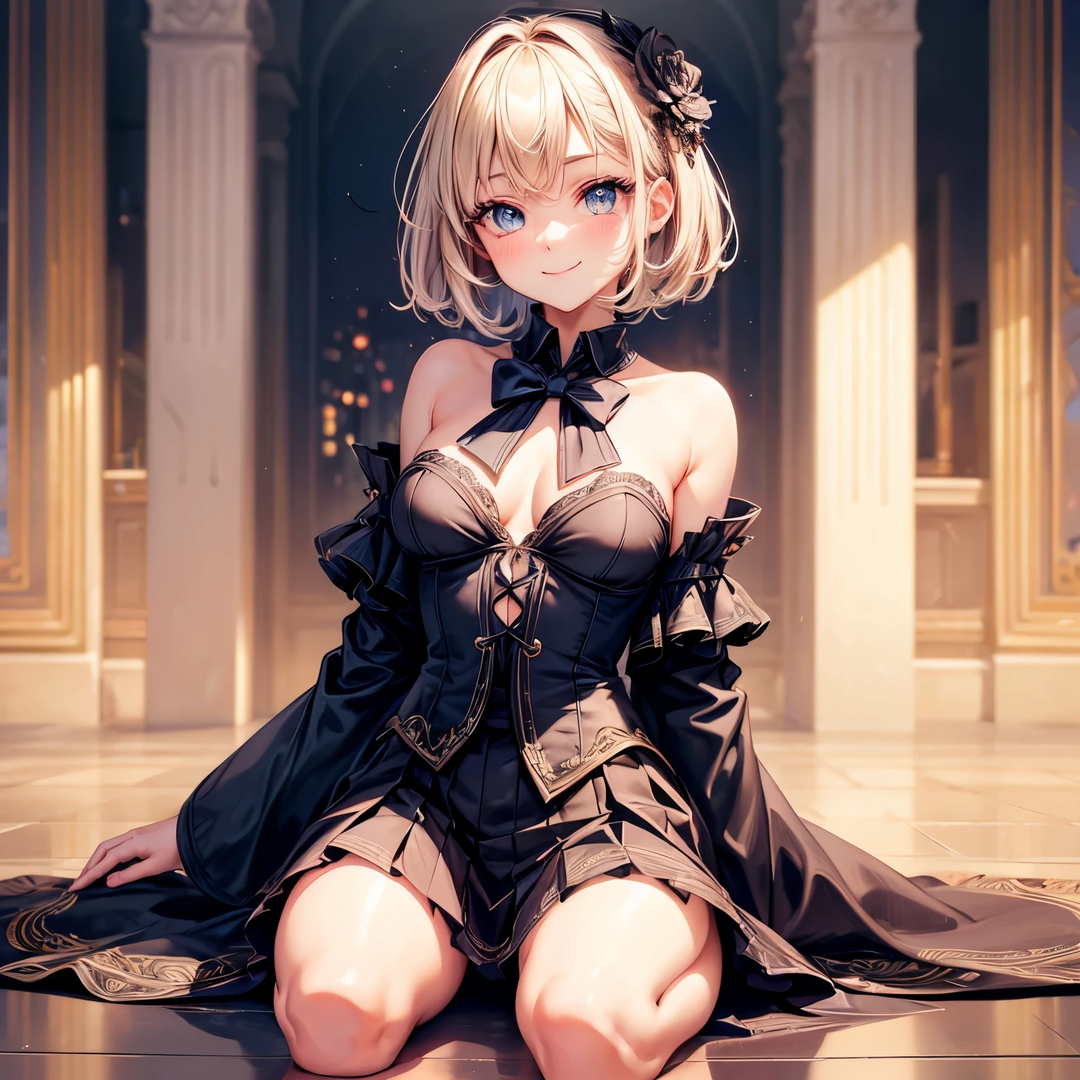 (8k, original photo, best quality, master:1.2), (actual, photo-actual:1.37), Super detailed, 1 girl, Lovely, alone, beautiful detailed sky, Detailed face, night, sitting, Dating, (blush), (Smile: 1.1), (shut up), big breasts, Beautiful and delicate eyes, Unbuttoned, (collared shirt: 1.1), bow tie, pleated skirt, (short hair: 1.2), flowing hair, long eyelashes, eye shadow, small face, big eyes, full-body shot, bare shoulders, indoor, floor