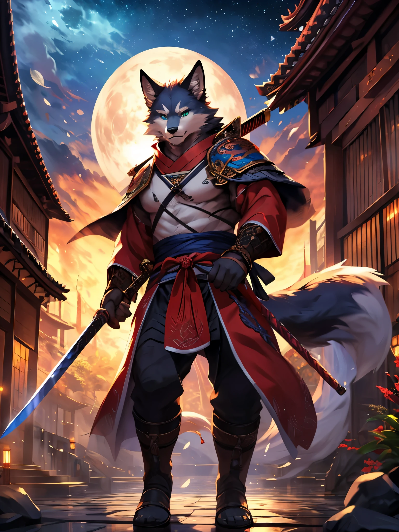 posted on e621, (by Chunie), male, Wolf anthro, solo, light green eyes, (Realistic eye details 1.2), anime character with a sword in a city at night, onmyoji detailed art, fox nobushi holding a naginata, onmyoji, fox nobushi, colorful kitsune city, anthropomorphic cat ninja, traditional japanese concept art, inspired by Ryūsei Kishida, moon bear samurai, moon bull samurai, samurai cat, in a panoramic view, masterpiece, Abstract beauty, ultra detailed face, depth of field, motion blur, high details, high quality, award winning, HD, 16k, (best quality,4k,8k,highres,masterpiece:1.2),ultra-detailed,realistic:1.37,HDR,UHD,studio lighting,extreme detail description,professional,vivid colors,bokeh,lively atmosphere, natural lighting